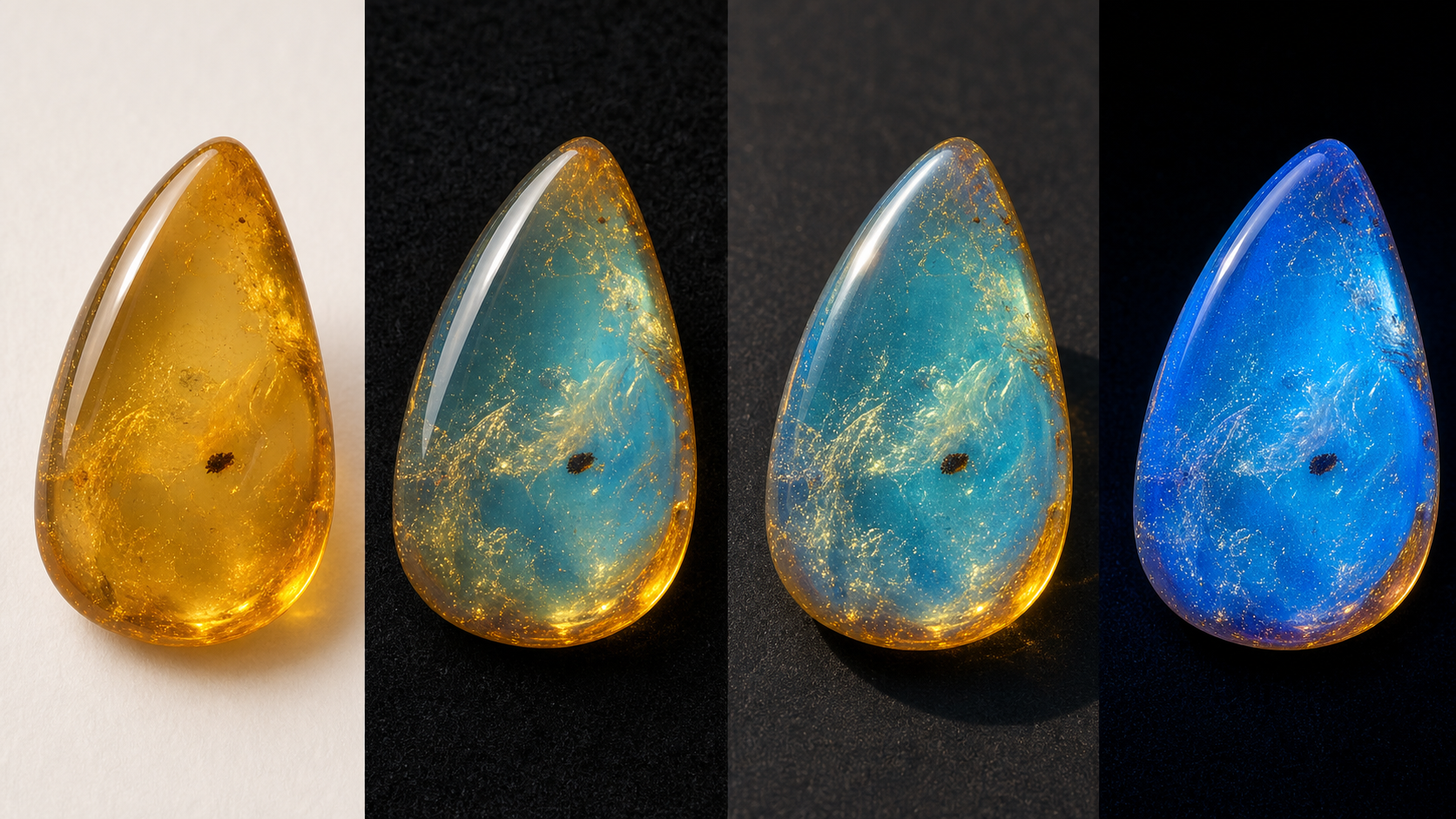 The same Dominican blue amber cabochon shown in warm indoor light, indirect daylight on black, angled sunlight on black and long-wave UV