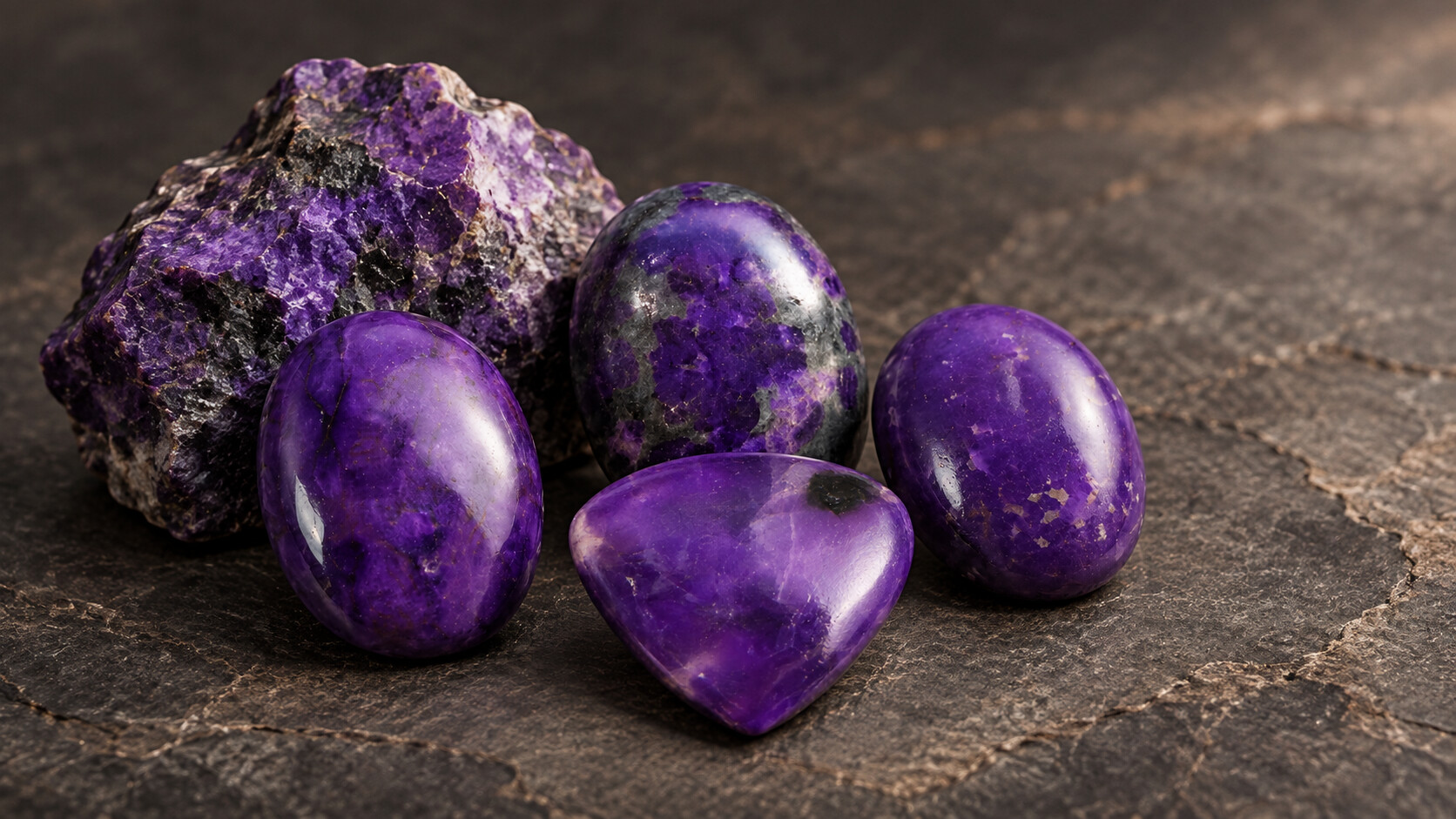 High-quality purple Sugilite gemstones in an elegant editorial composition