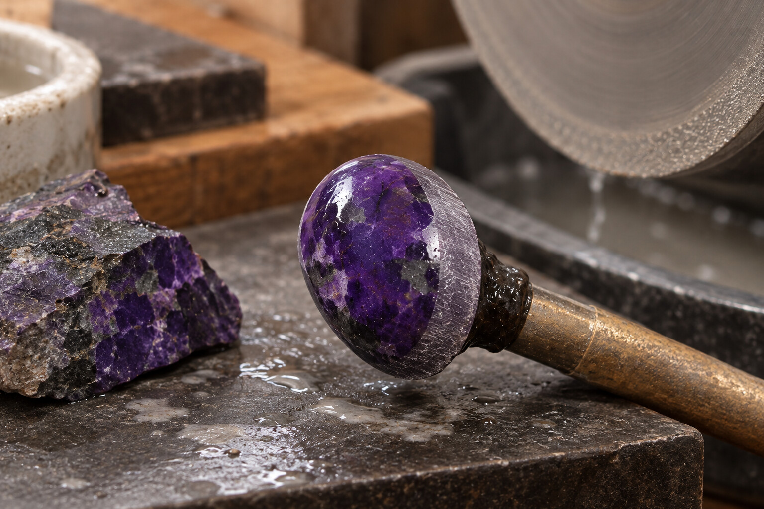 Sugilite during the cutting and shaping process