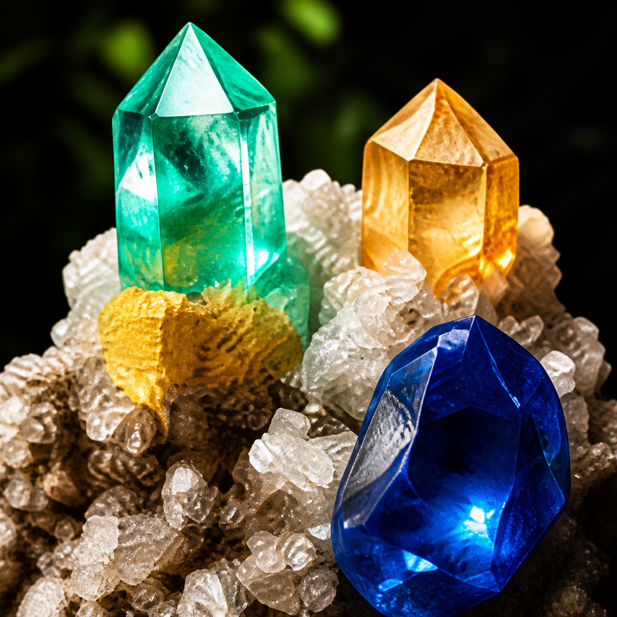 Green, golden and blue crystals on natural quartz