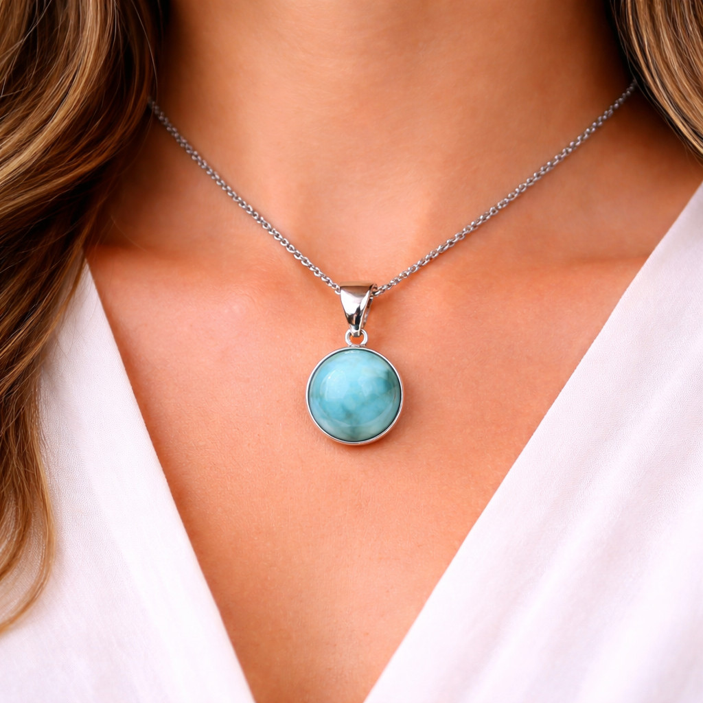 Prettily Natural Light Blue Larimar .925 Sterling Silver Pendant 34mm