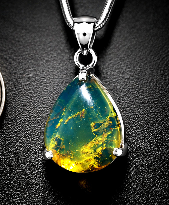 Artisan Polished Ocean Blue Amber 925 Sterling Silver Pendant 33mm
