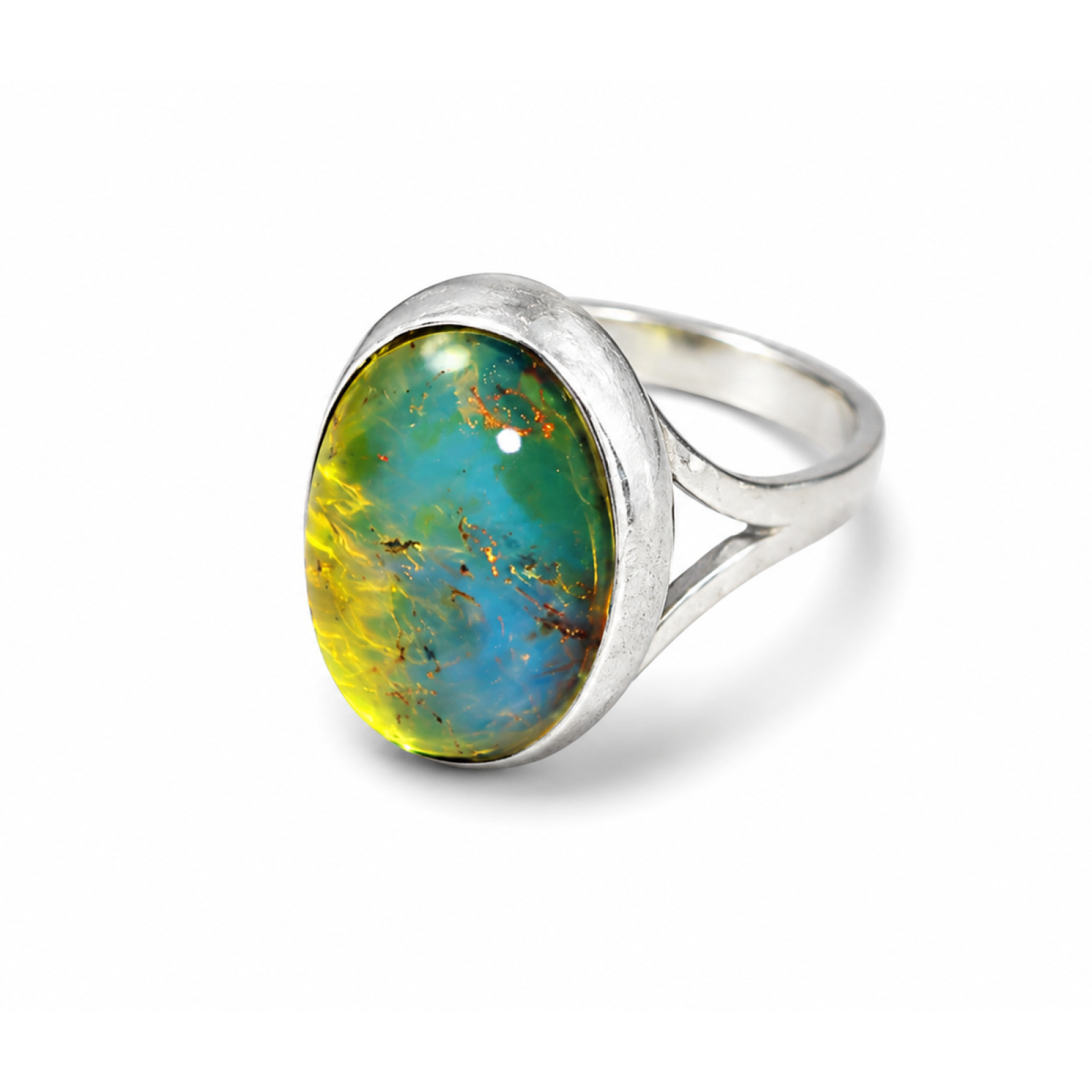 Artisan Yellow Blue Dominican Amber 925 Sterling Silver Clear Oval Ring #7.25