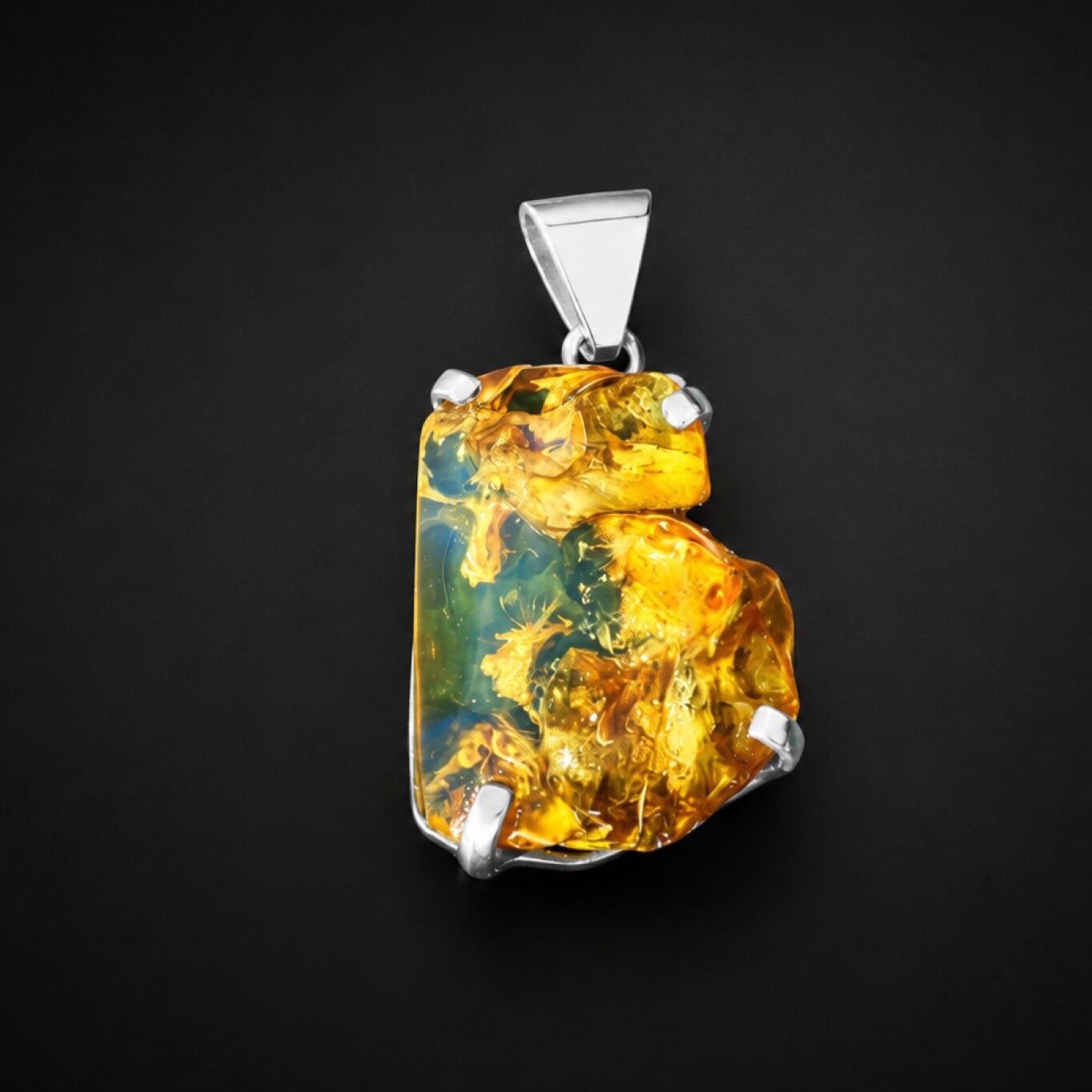 Raw Beauty Translucent Blue Green Dominican Amber 925 Sterling Silver Pendant 38mm
