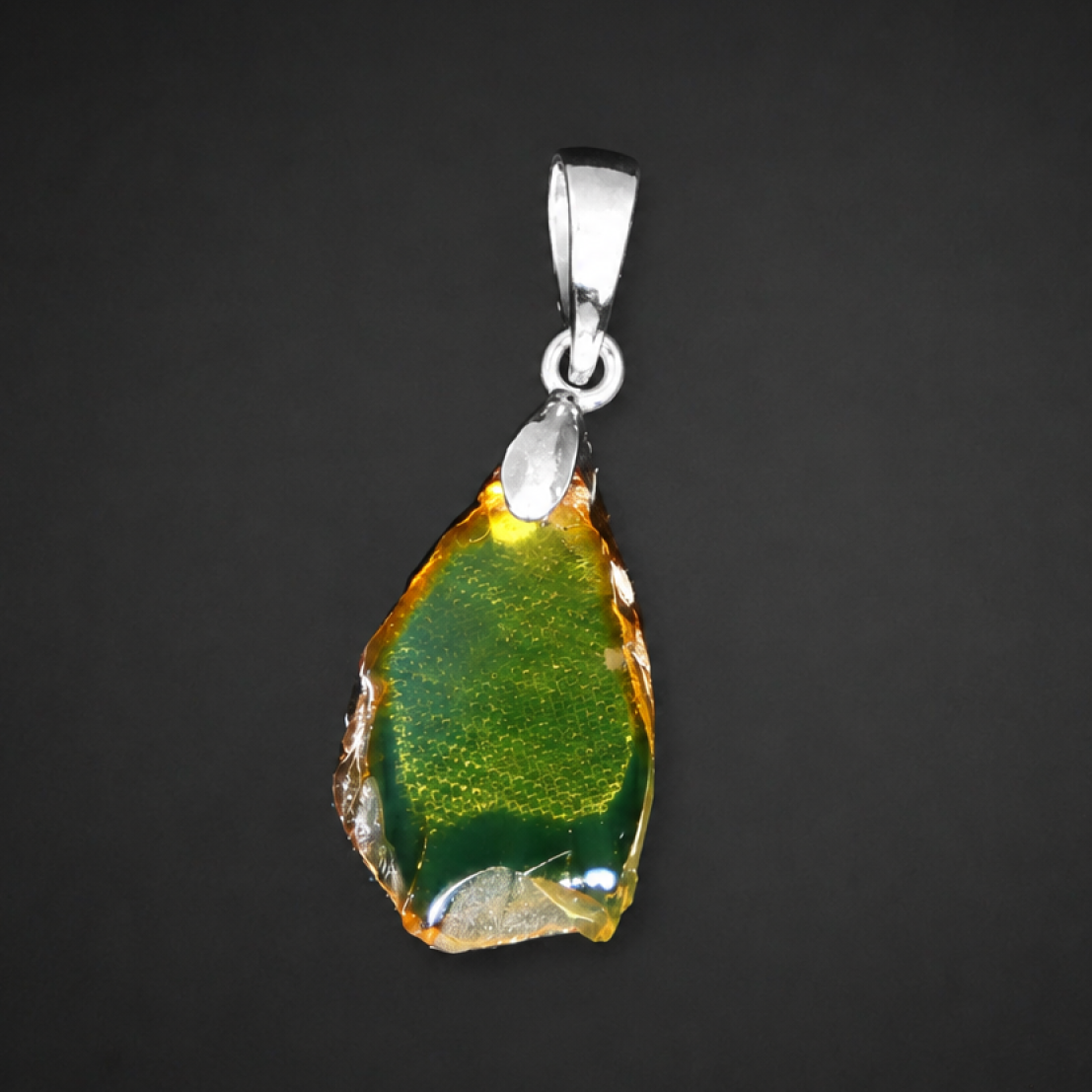 Clear green blue Natural Dominican Amber slice 925 Sterling Silver Pendant 32 mm