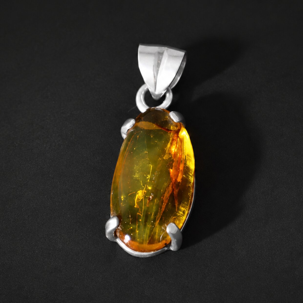 Clear deep blue Natural Dominican Amber teardrop 925 Sterling Pendant 30 mm
