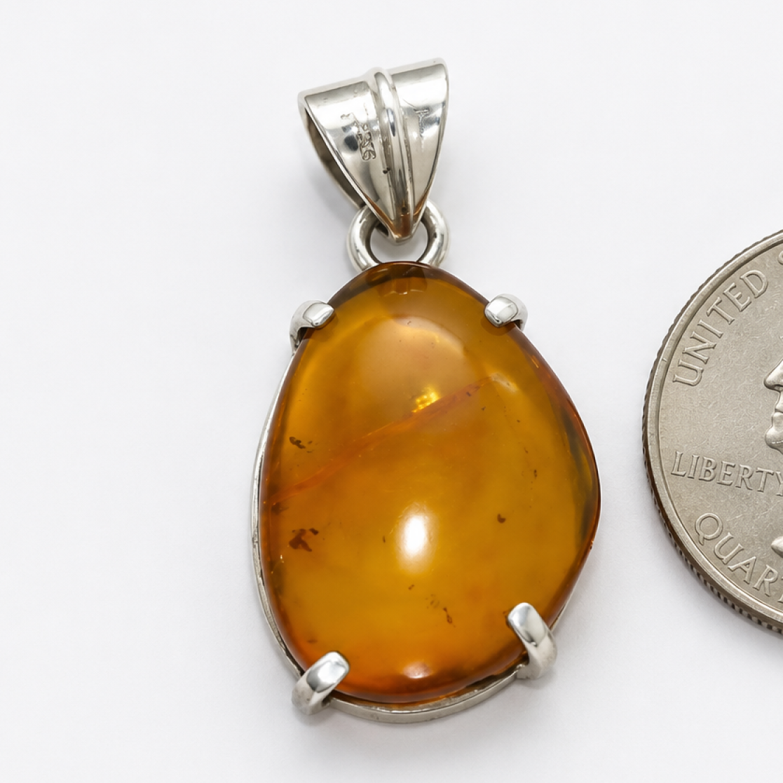 Clear yellow orange Natural Dominican Amber teardrop 925 Sterling Pendant 36 mm