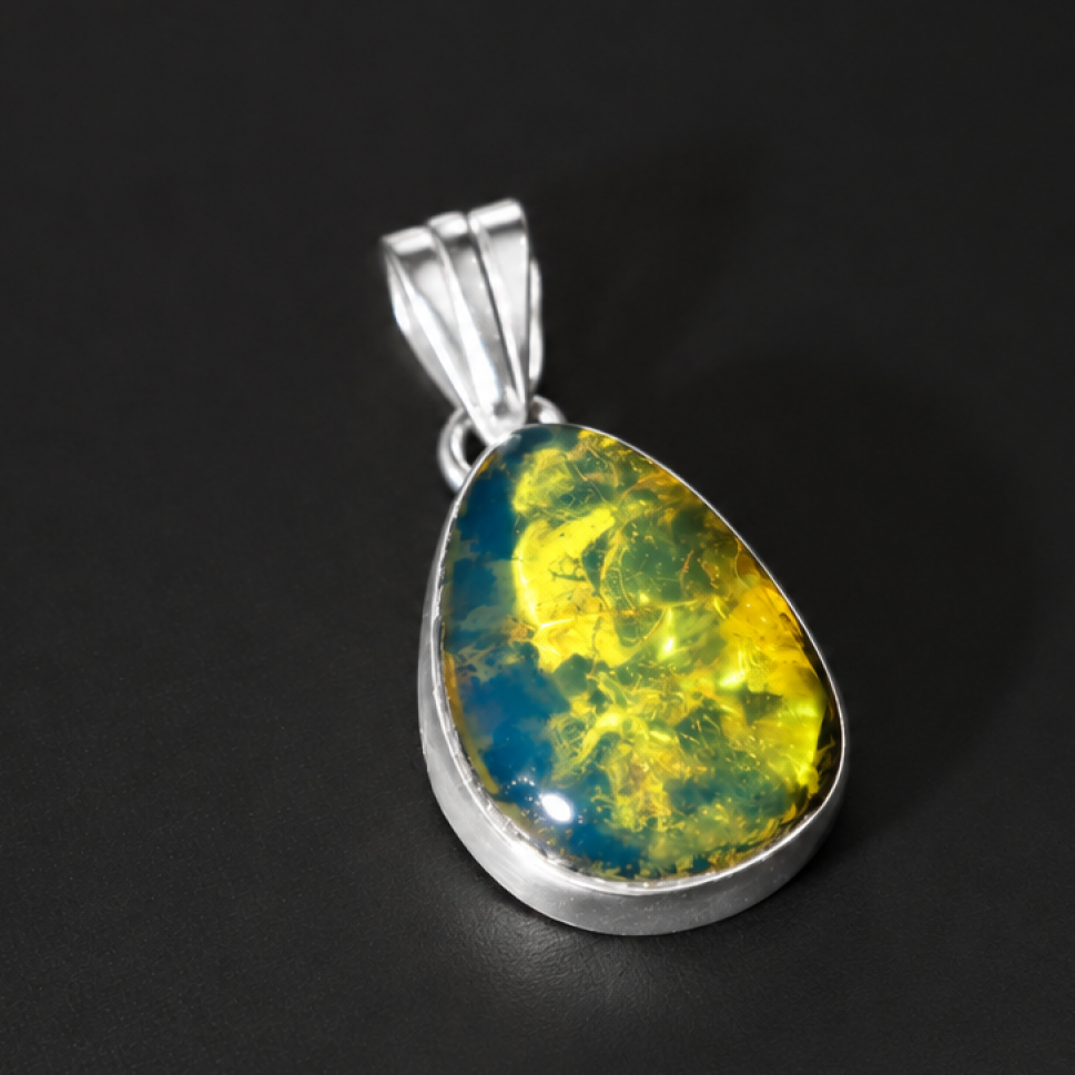 Clear yellow blue Natural Dominican Amber teardrop 925 Sterling Pendant 30 mm
