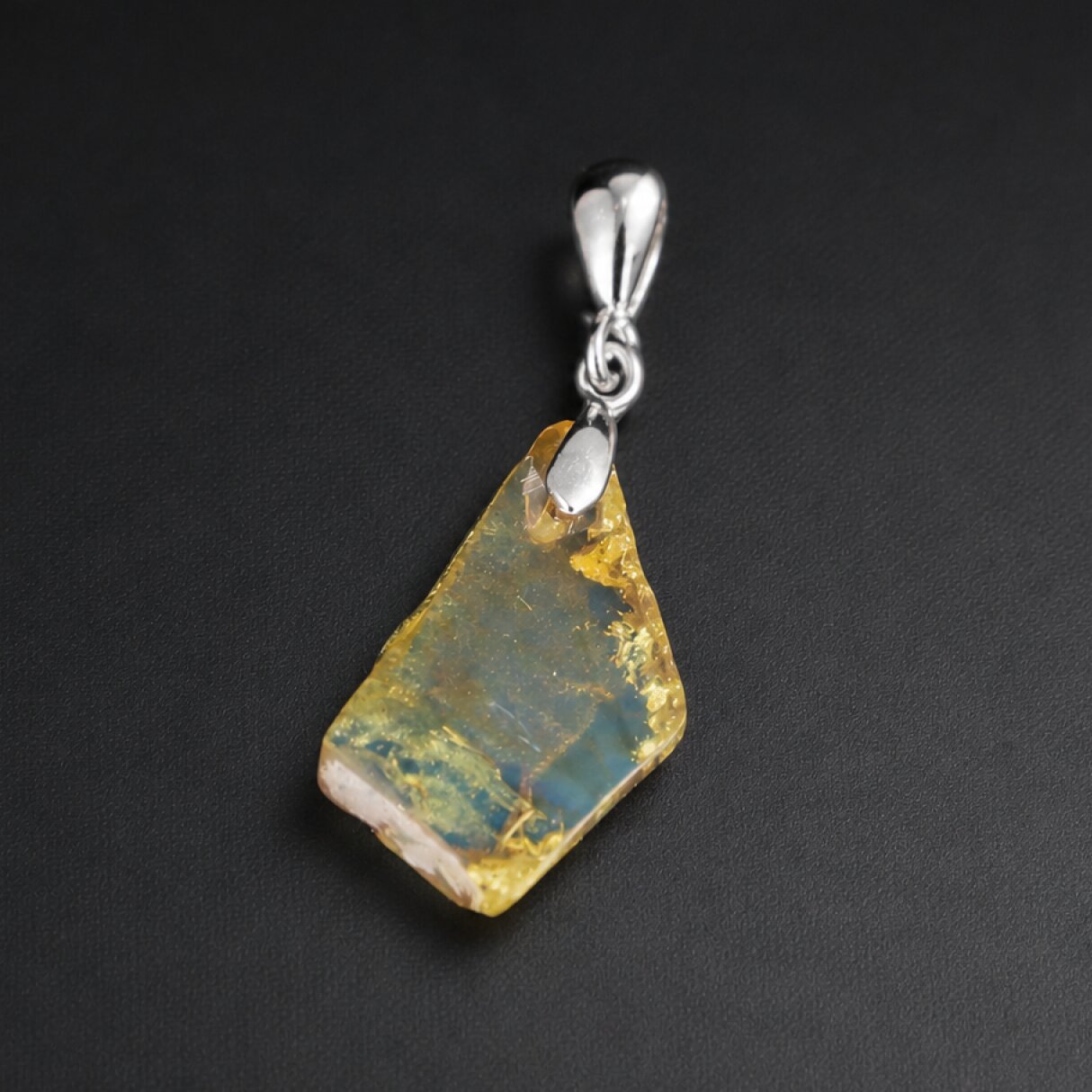 Clear light blue Natural Dominican Amber Freeform 925 Sterling Pendant 33 mm