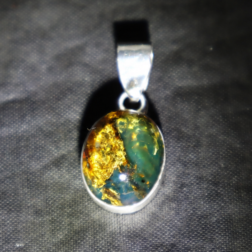Translucent green blue Natural Dominican Amber oval 925 Sterling Pendant 24 mm