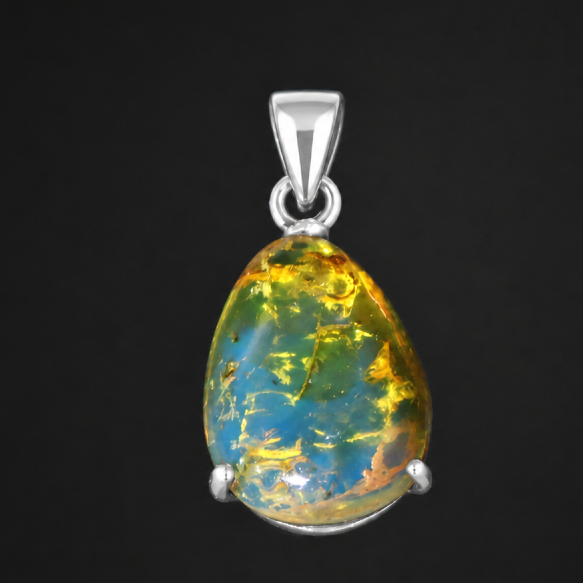 Clear sky blue Natural Dominican Amber teardrop 925 Sterling Pendant 30 mm