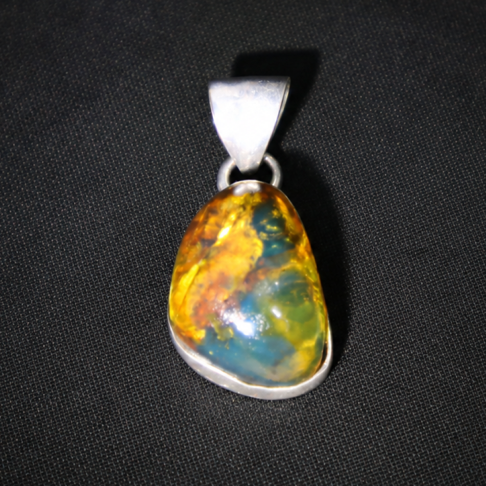 Clear cognac blue Natural Dominican Amber drop 925 Sterling Silver Pendant 25 mm