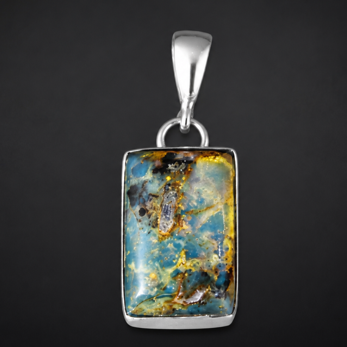 Translucent deep blue Natural Dominican Amber rectangular 925 Pendant 28 mm