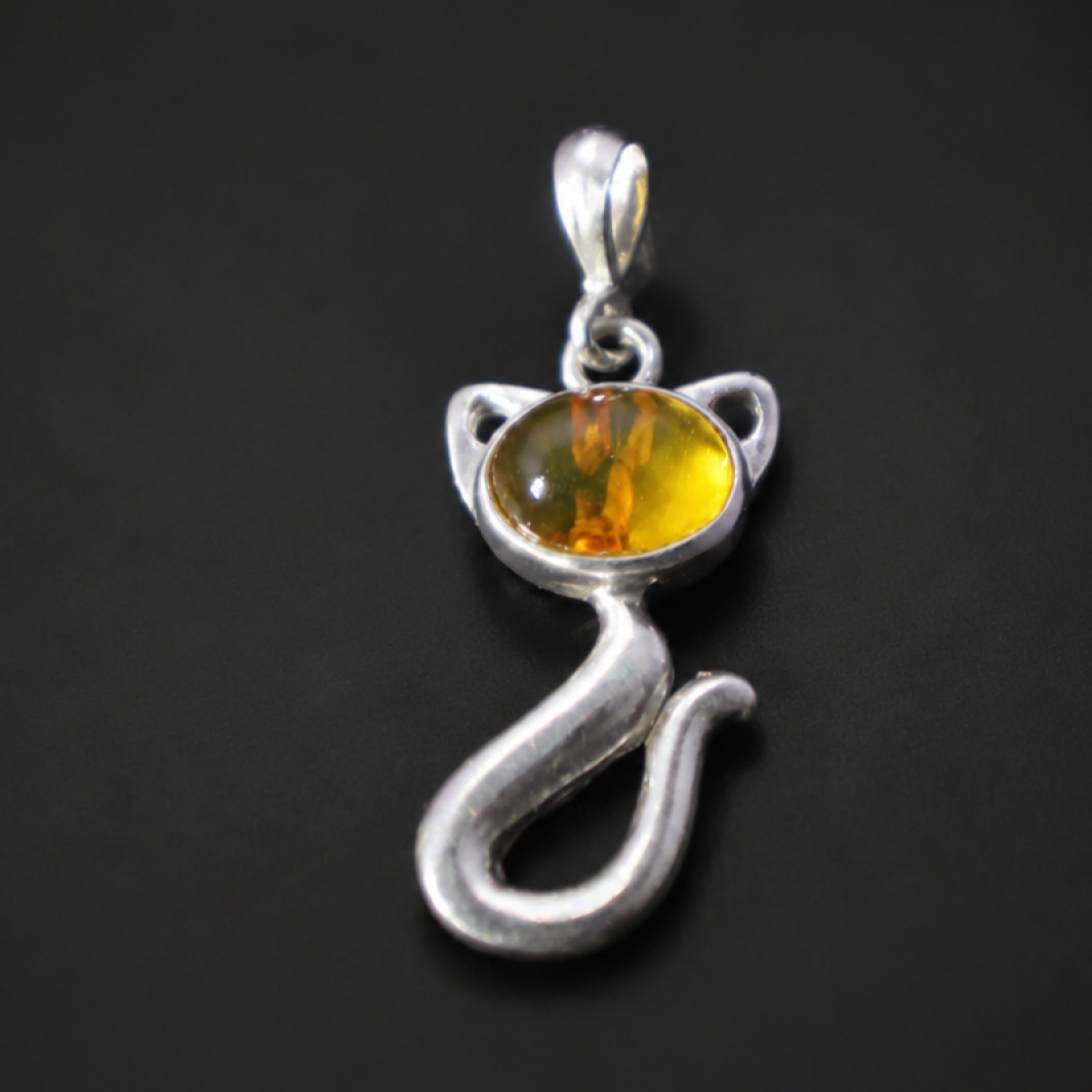 Clear orange yellow Natural Dominican Amber cat 925 Sterling Pendant 36 mm