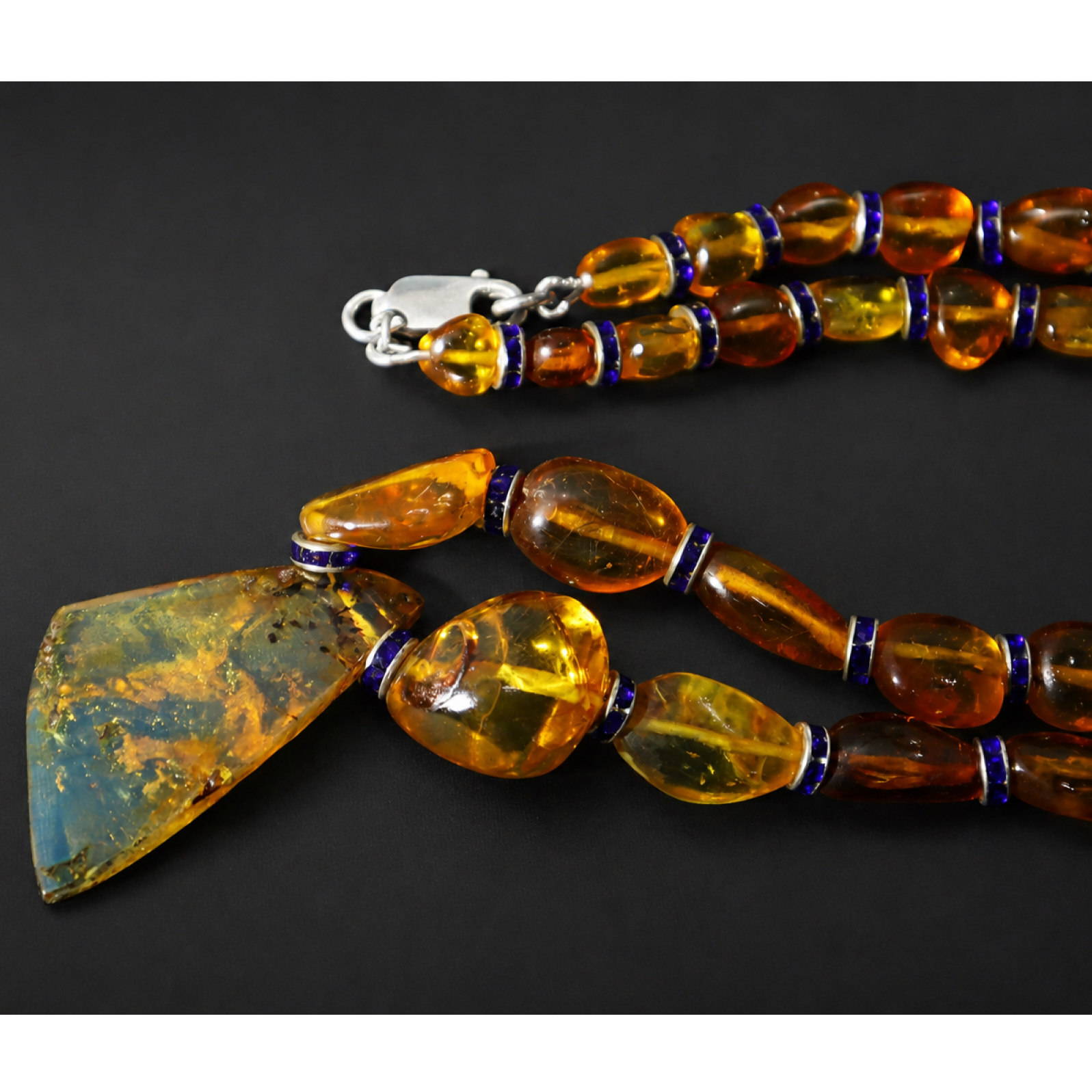 Clear orange blue Natural Dominican Amber nugget 925 Sterling Necklace 495 mm