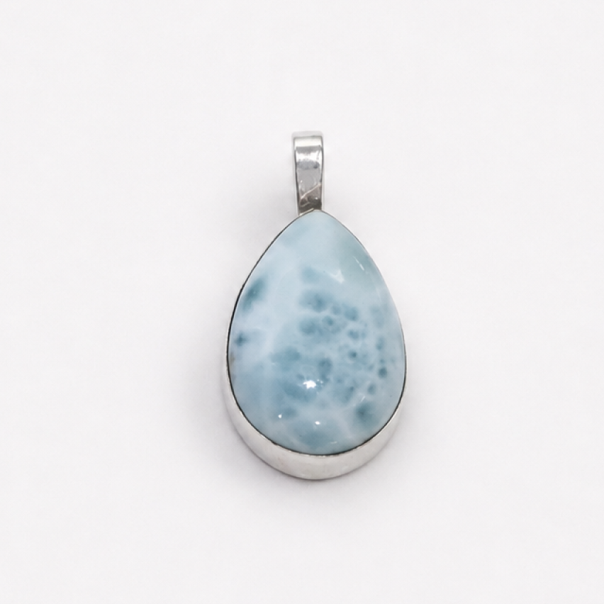 light blue Natural Dominican Larimar teardrop 925 Sterling Silver Pendant 24 mm