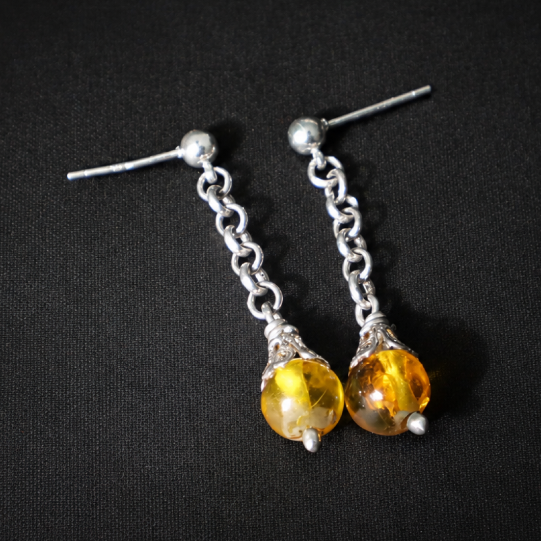 Clear yellow orange Natural Dominican Amber sphere 925 Sterling Earrings 39 mm