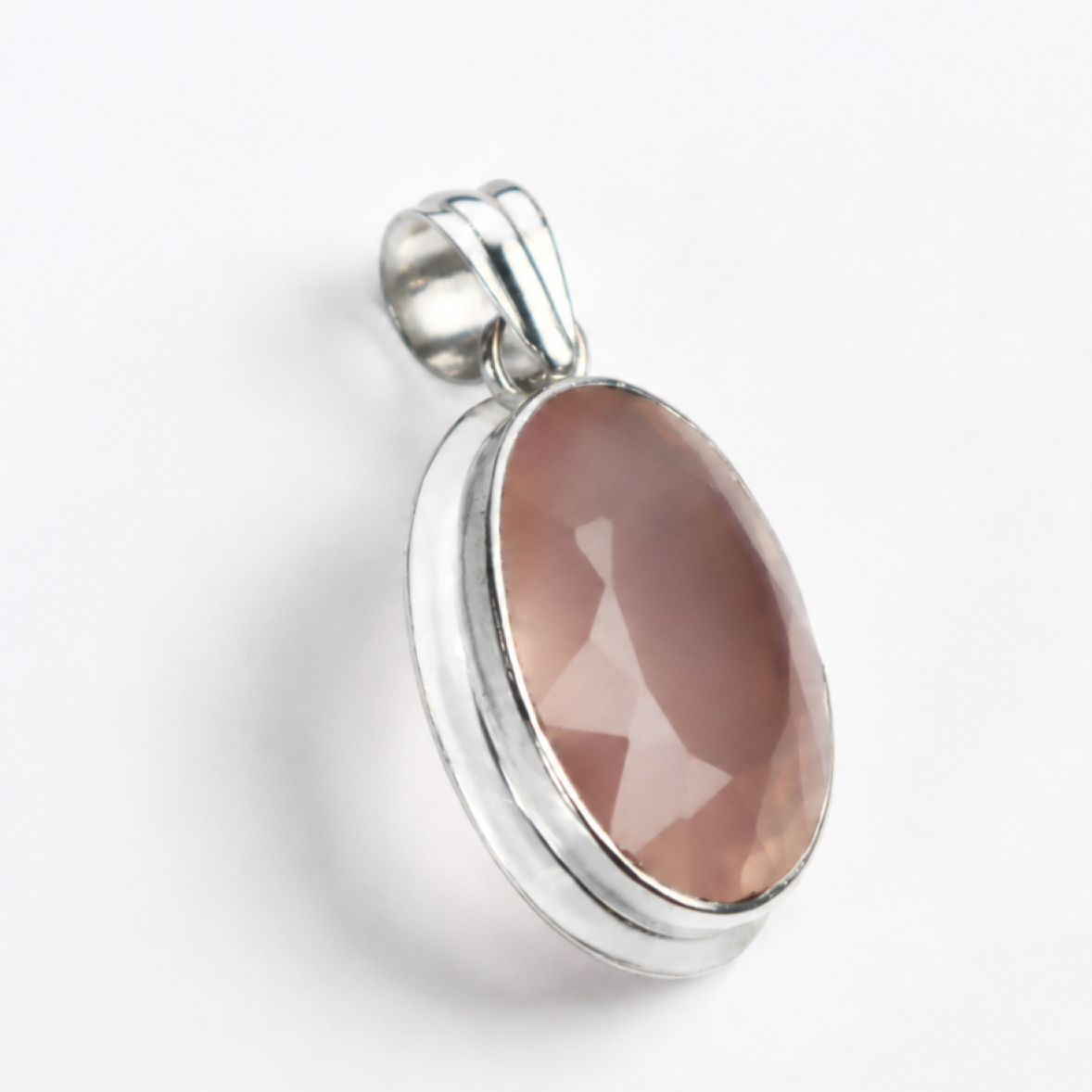 Clear ping Natural rose quartz oval 925 Sterling Silver Pendant 46 mm