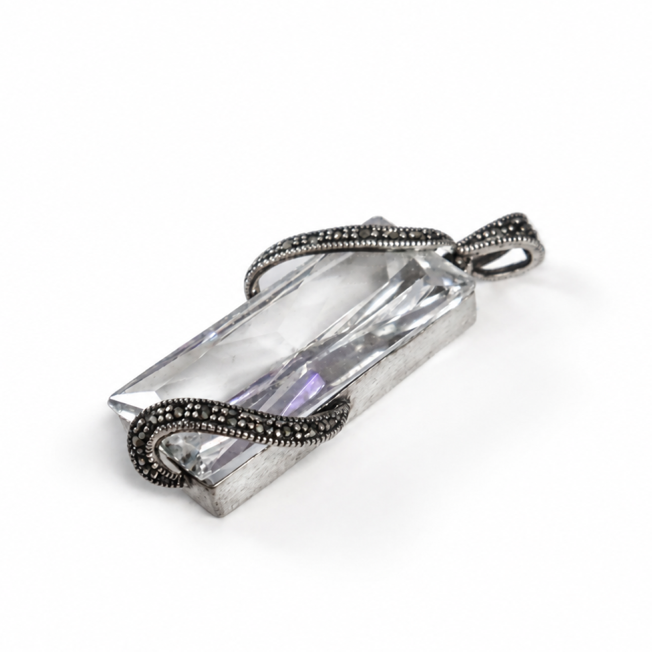 Crystal Clear white Rock Crystal rectange 925 Sterling Silver Pendant 50 mm