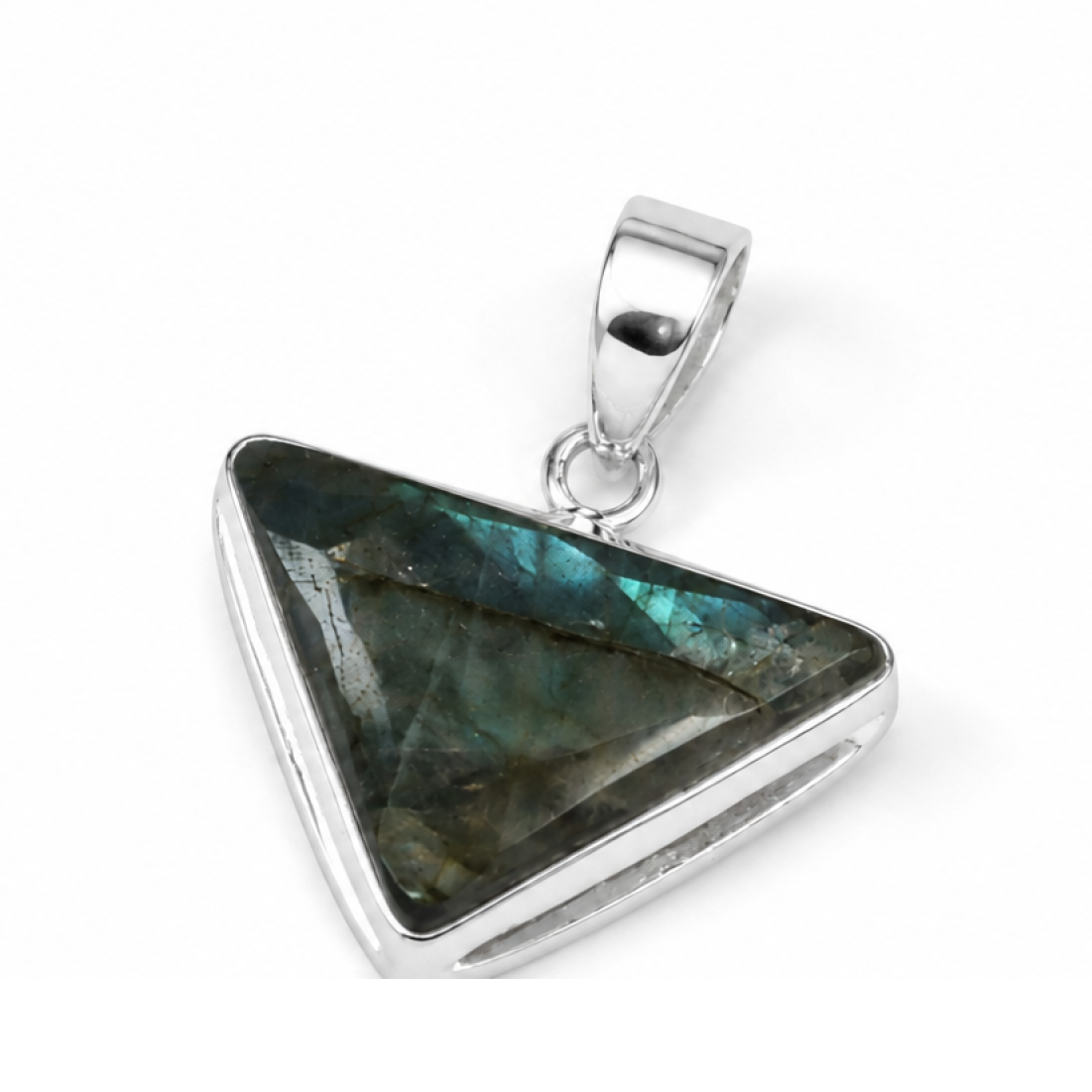 Clear green violet Labradorit triangle 925 Sterling Silver Pendant 38 mm
