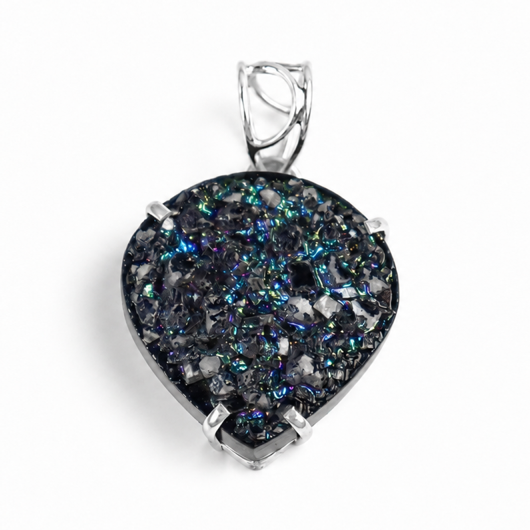 Clear dark blue green Natural Titanium Druzy Quartz heart 925 Pendant 50 mm
