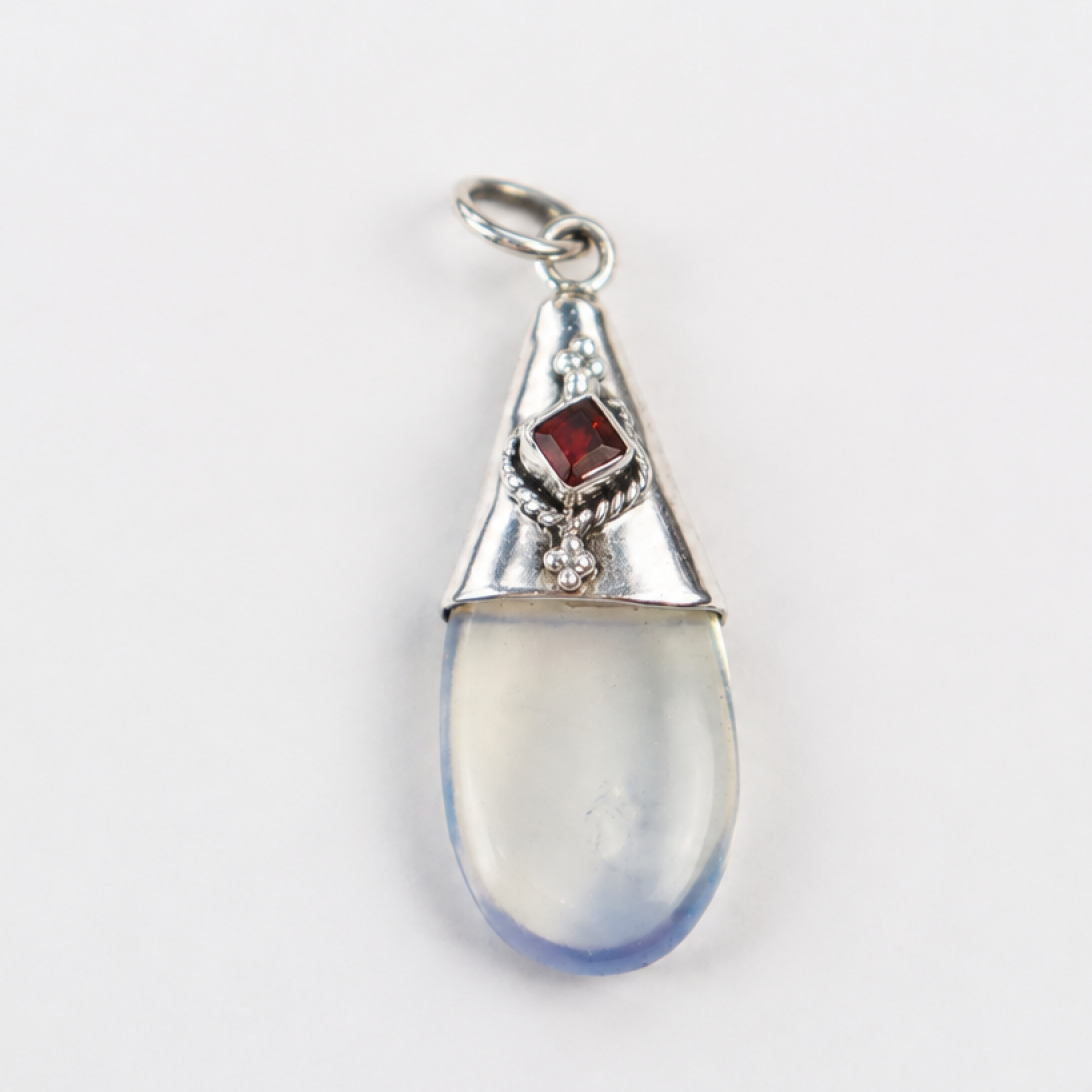 Clear white blue Opalite teardrop 925 Sterling Silver Pendant 38 mm