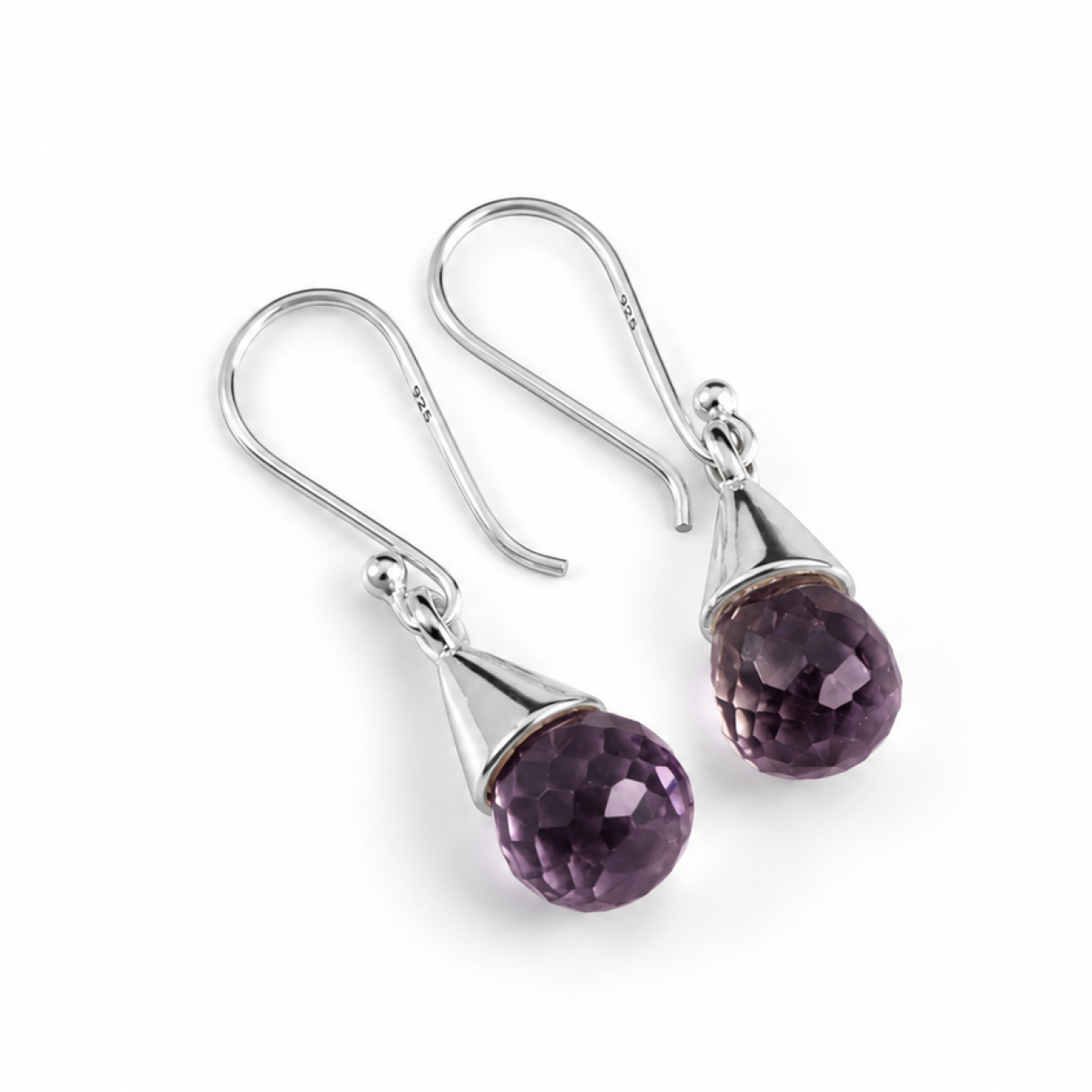 Clear purple amethys faceted pear 925 Sterling Silver Earrings 34 mm