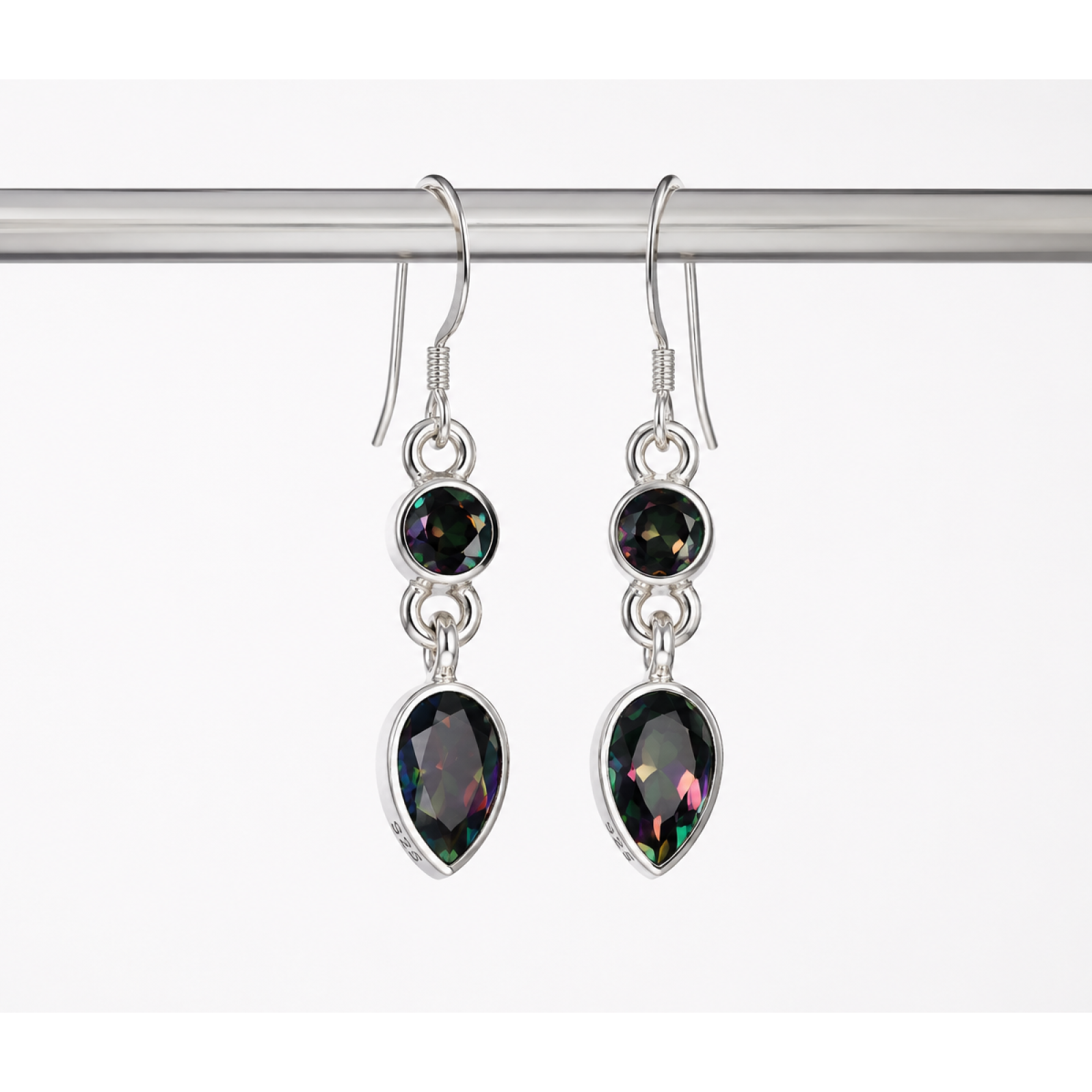 Clear VIOLET Mystic Topaz round / teardrop 925 Sterling Silver Earrings 39 mm
