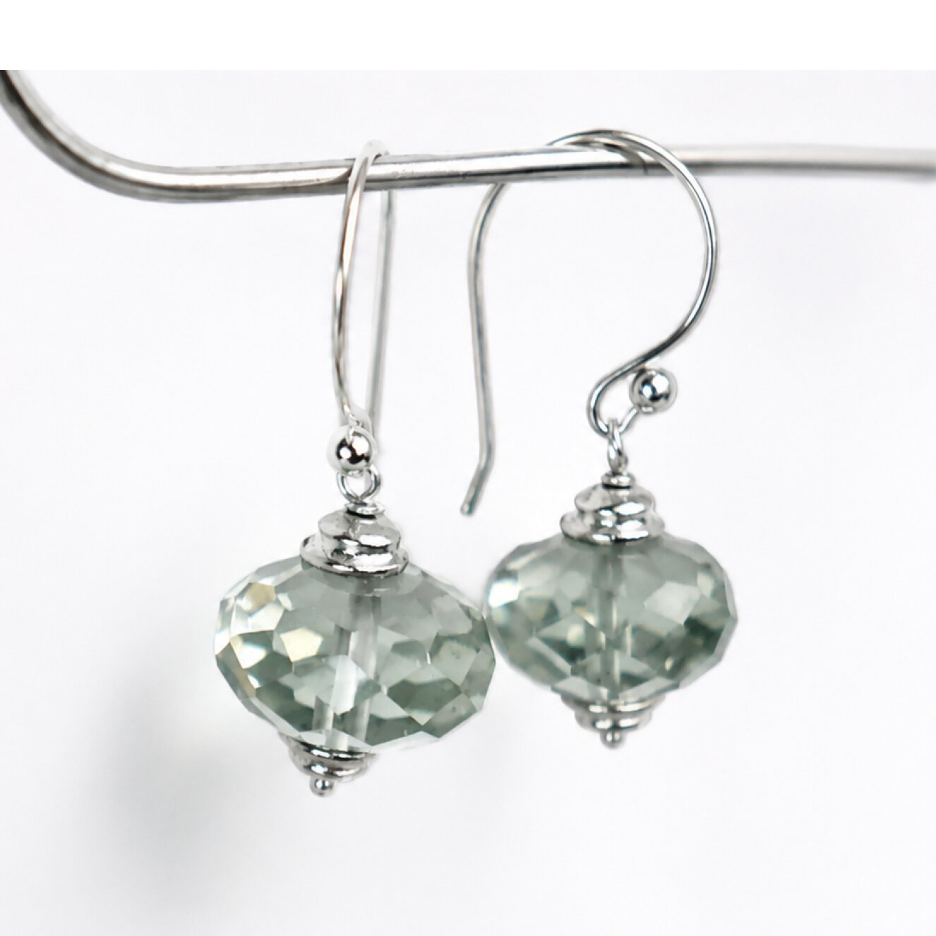 Clear green Natural amethyst Flattened Round 925 Sterling Silver Earrings 32 mm