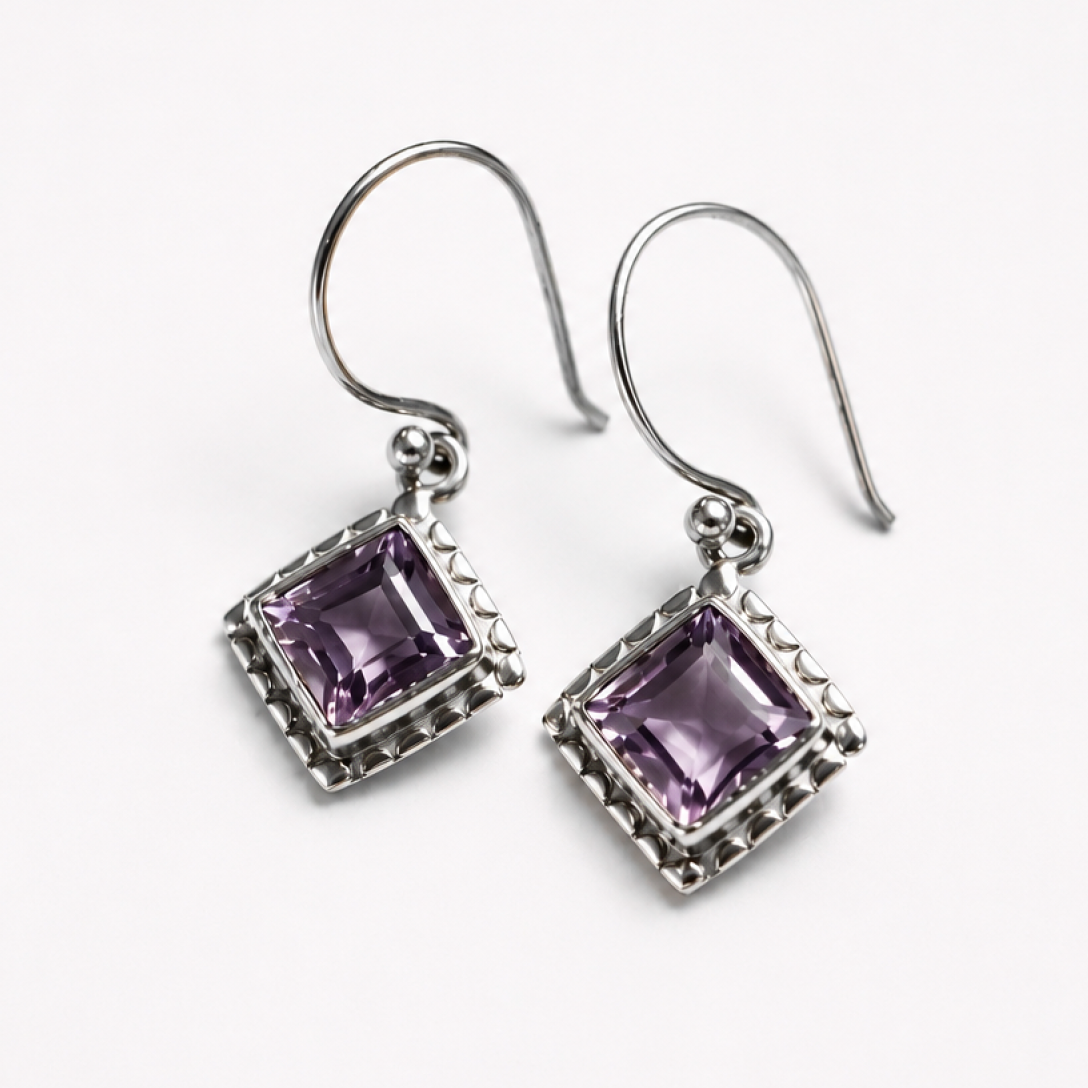 Clear purple Natural amethyst rectangular 925 Sterling Silver Earrings 29 mm