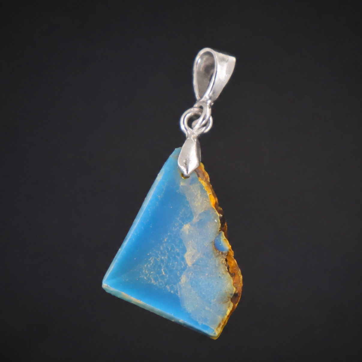 Clear deep blue Natural Dominican Amber slice 925 Sterling Silver Pendant 33 mm