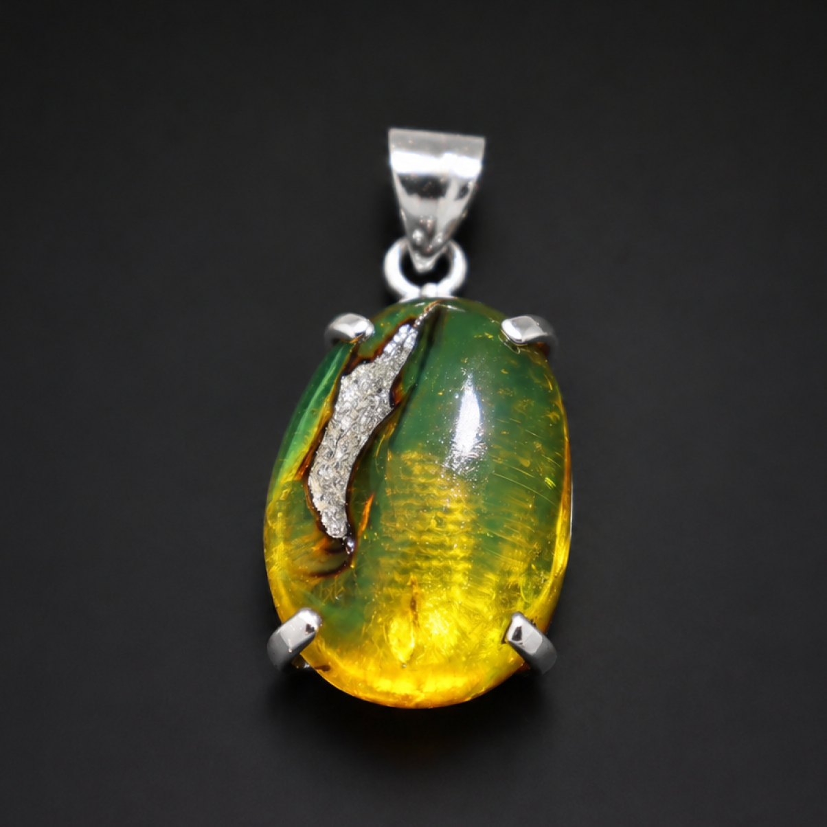 Clear yellow green Natural Dominican Amber slice 925 Sterling Pendant 38 mm