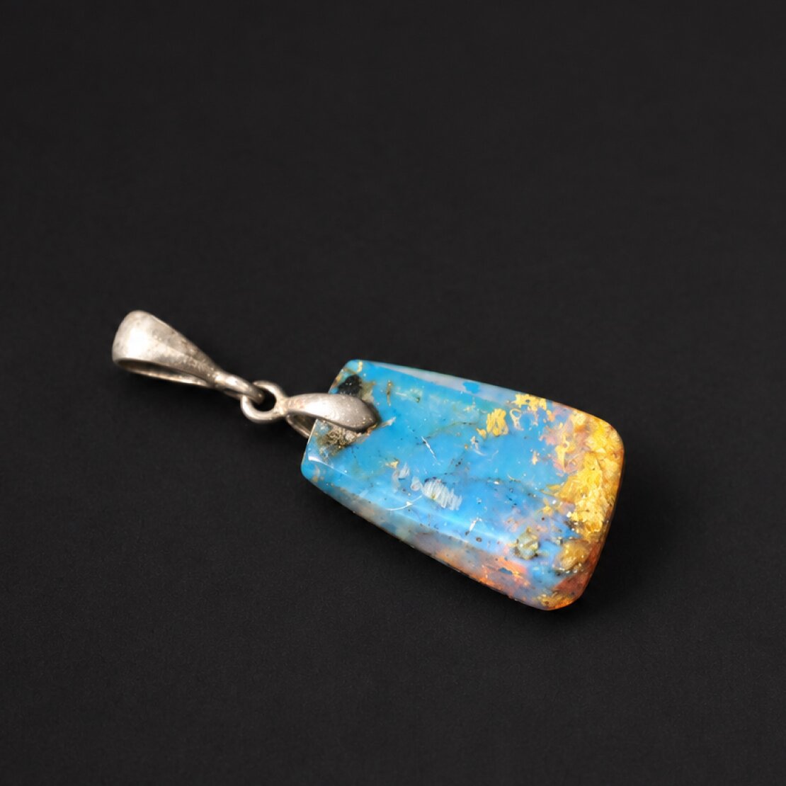 Hand finished royal blue Dominican amber sterling silver pendant 24mm