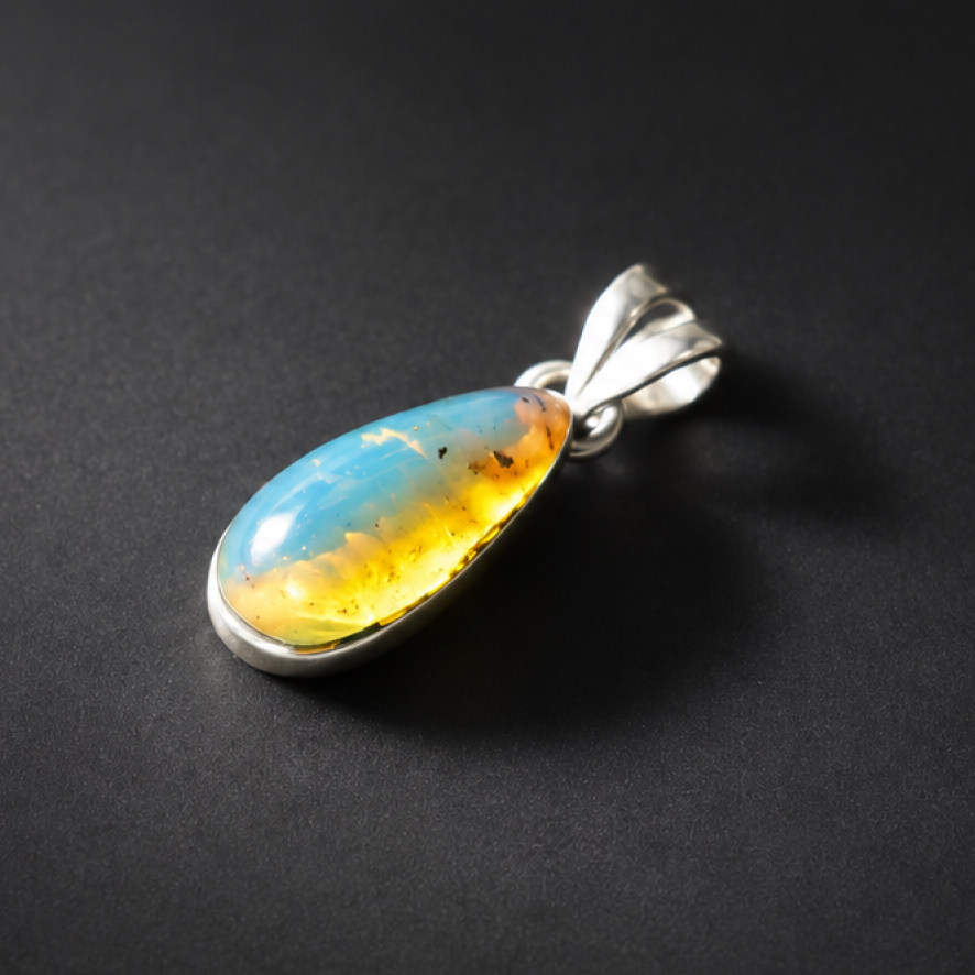 Handcrafted sky blue Dominican amber sterling silver pendant 27.5mm