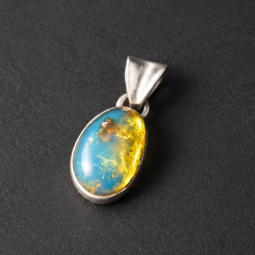 Handcrafted sky blue Dominican amber sterling silver pendant 24mm