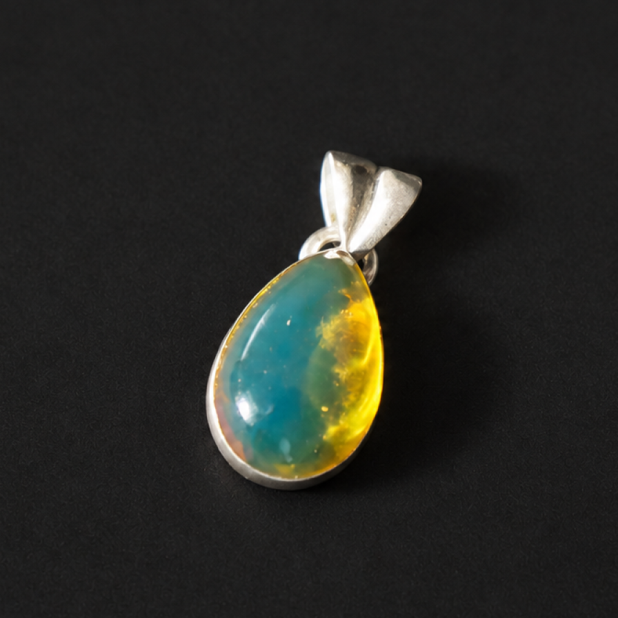 Master crafted sky blue Dominican amber sterling silver pendant 24mm