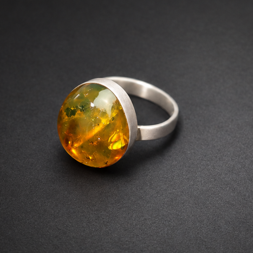 Master crafted orange green Dominican amber sterling silver ring size 9.5