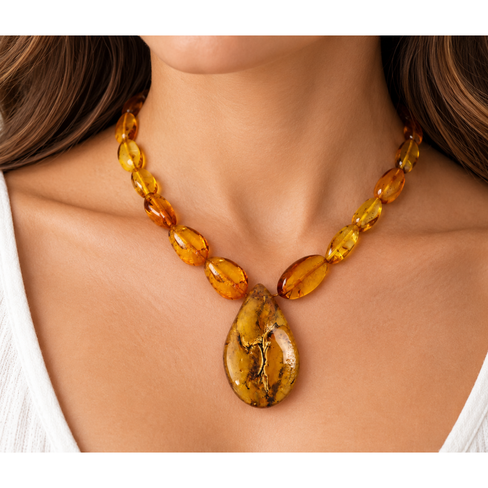 Genuine green orange Dominican amber sterling silver necklace 19.3in