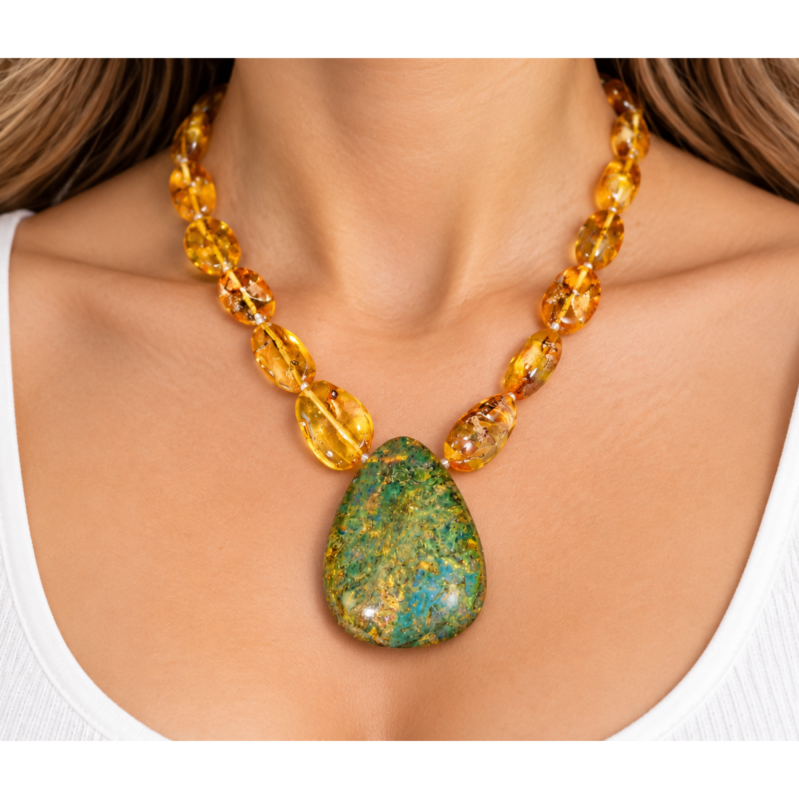 Genuine green blue Dominican amber sterling silver necklace 18.9in
