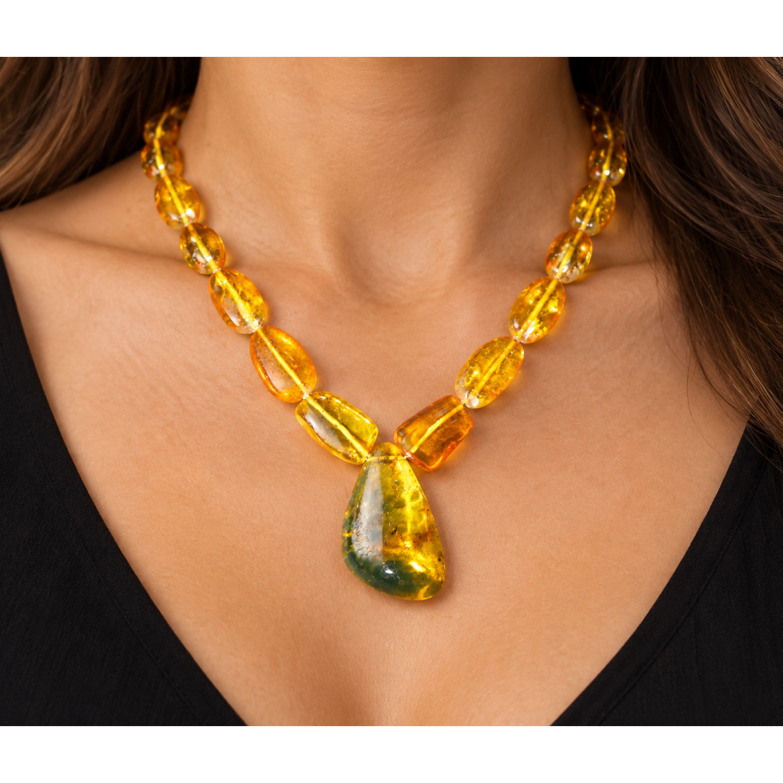 Real green orange Dominican amber sterling silver necklace 18.9in