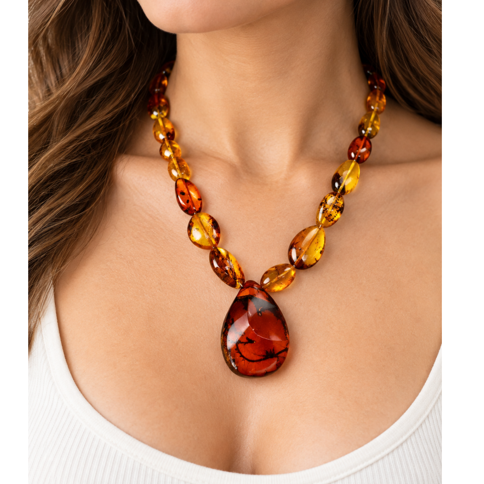 Skilled craftsmanship orange red Dominican amber sterling silver necklace 19.7in