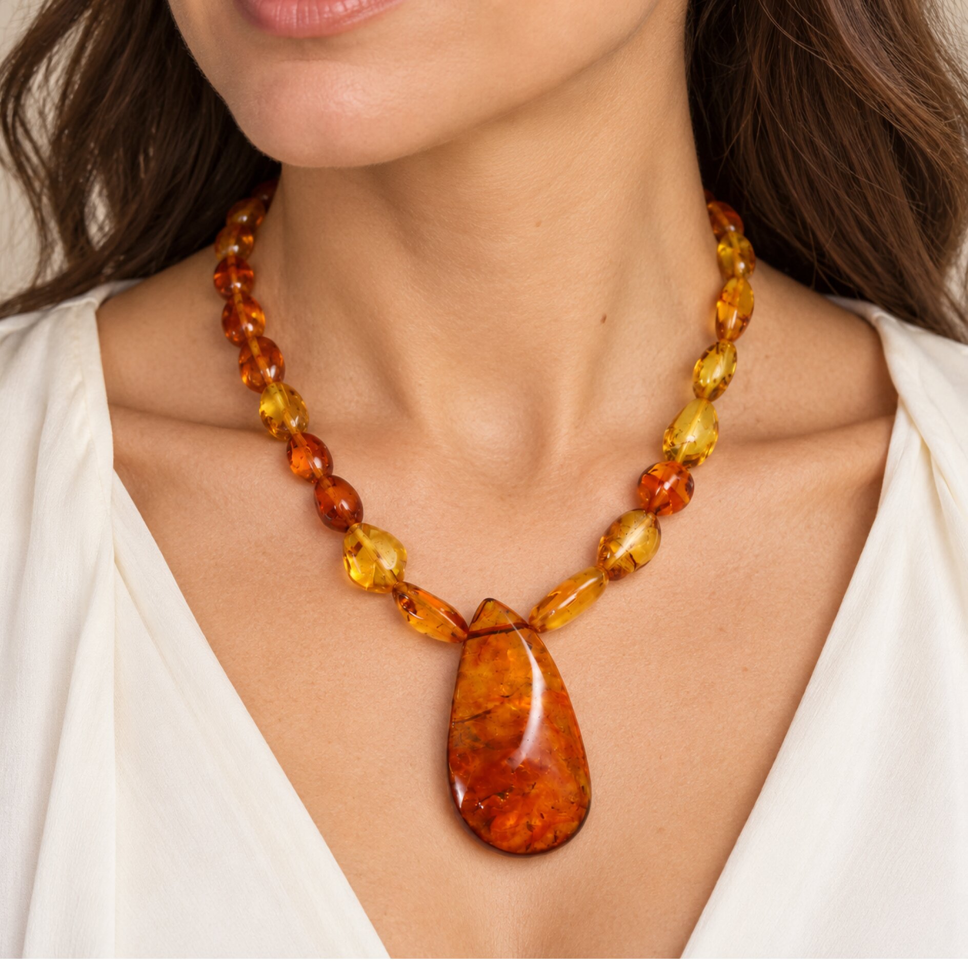 Skilled craftsmanship orange red Dominican amber sterling silver necklace 18.9in