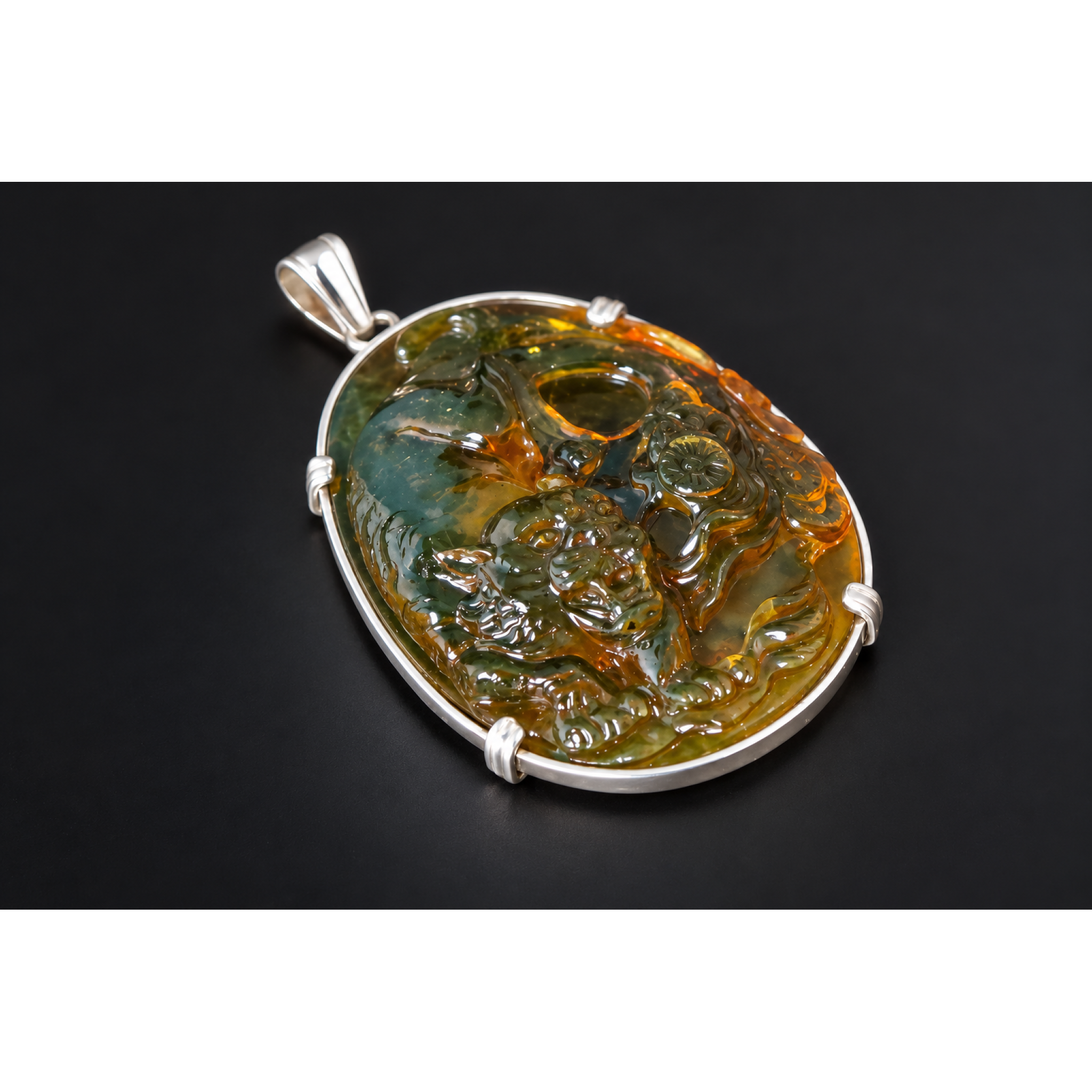 Hand Carved Tiger Dominican Green Amber Sterling Silver Pendant 64mm – photo 6