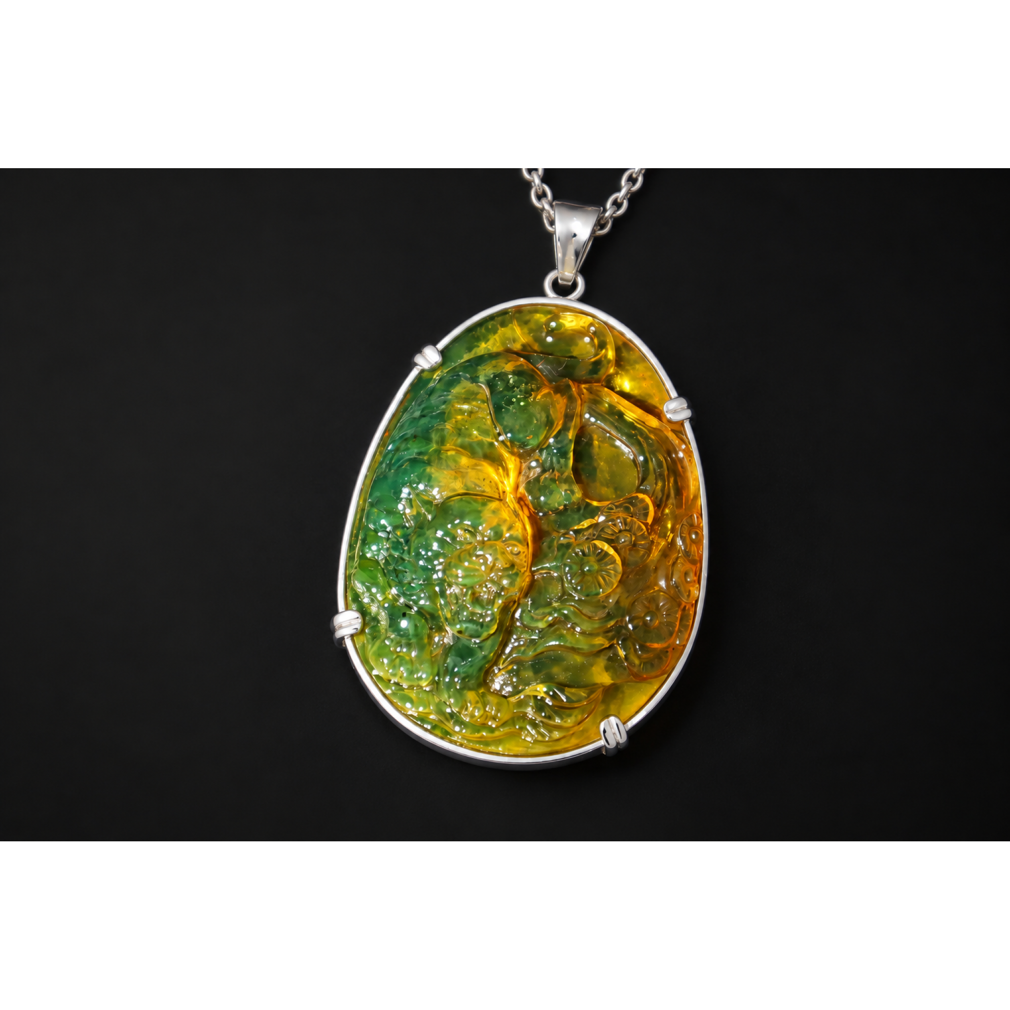 Hand Carved Tiger Dominican Green Amber Sterling Silver Pendant 64mm – photo 7