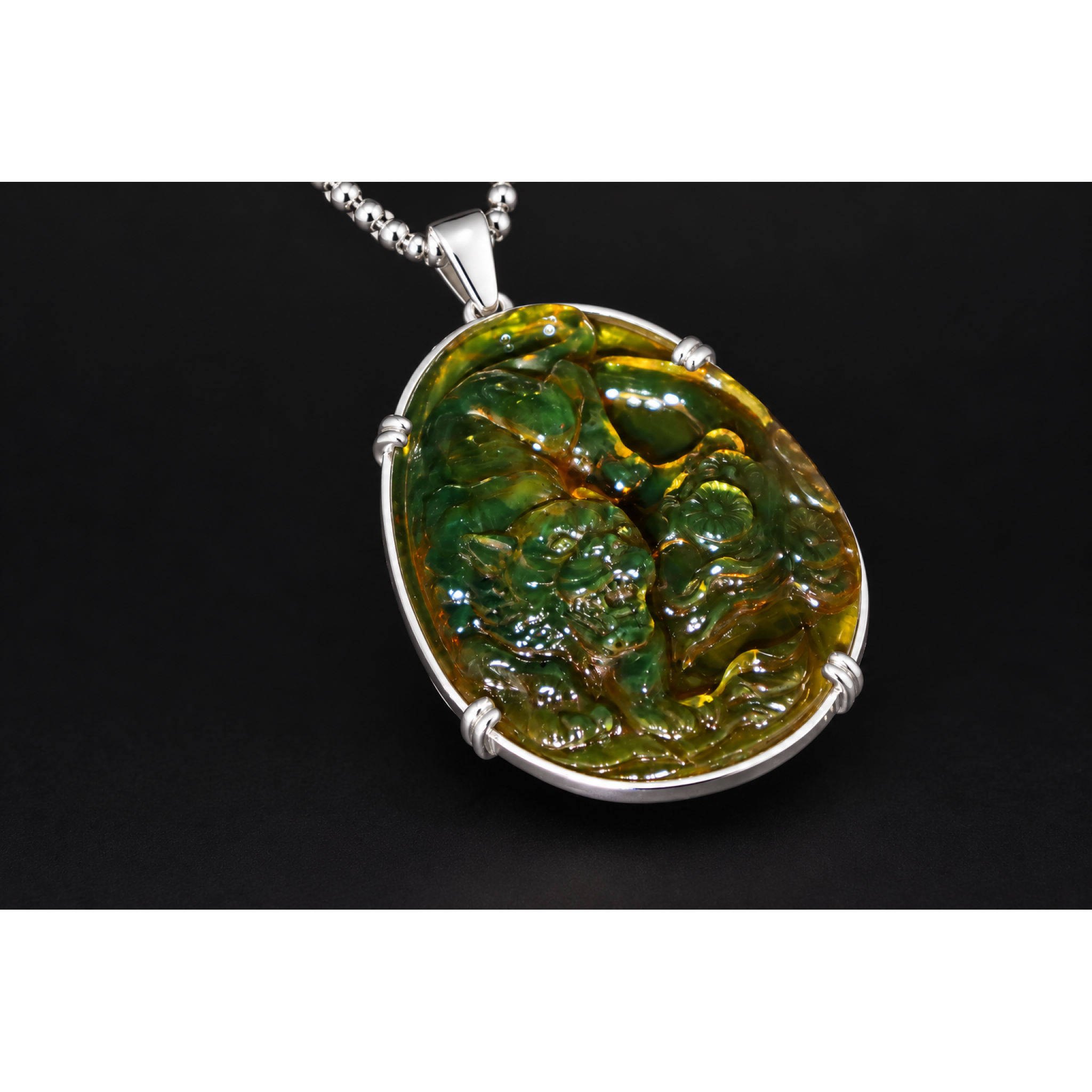 Hand Carved Tiger Dominican Green Amber Sterling Silver Pendant 64mm – photo 8