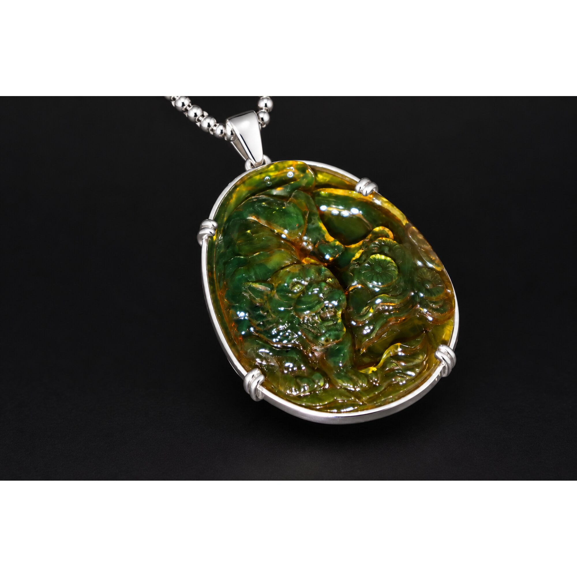 Hand Carved Tiger Dominican Green Amber Sterling Silver Pendant 64mm – photo 8