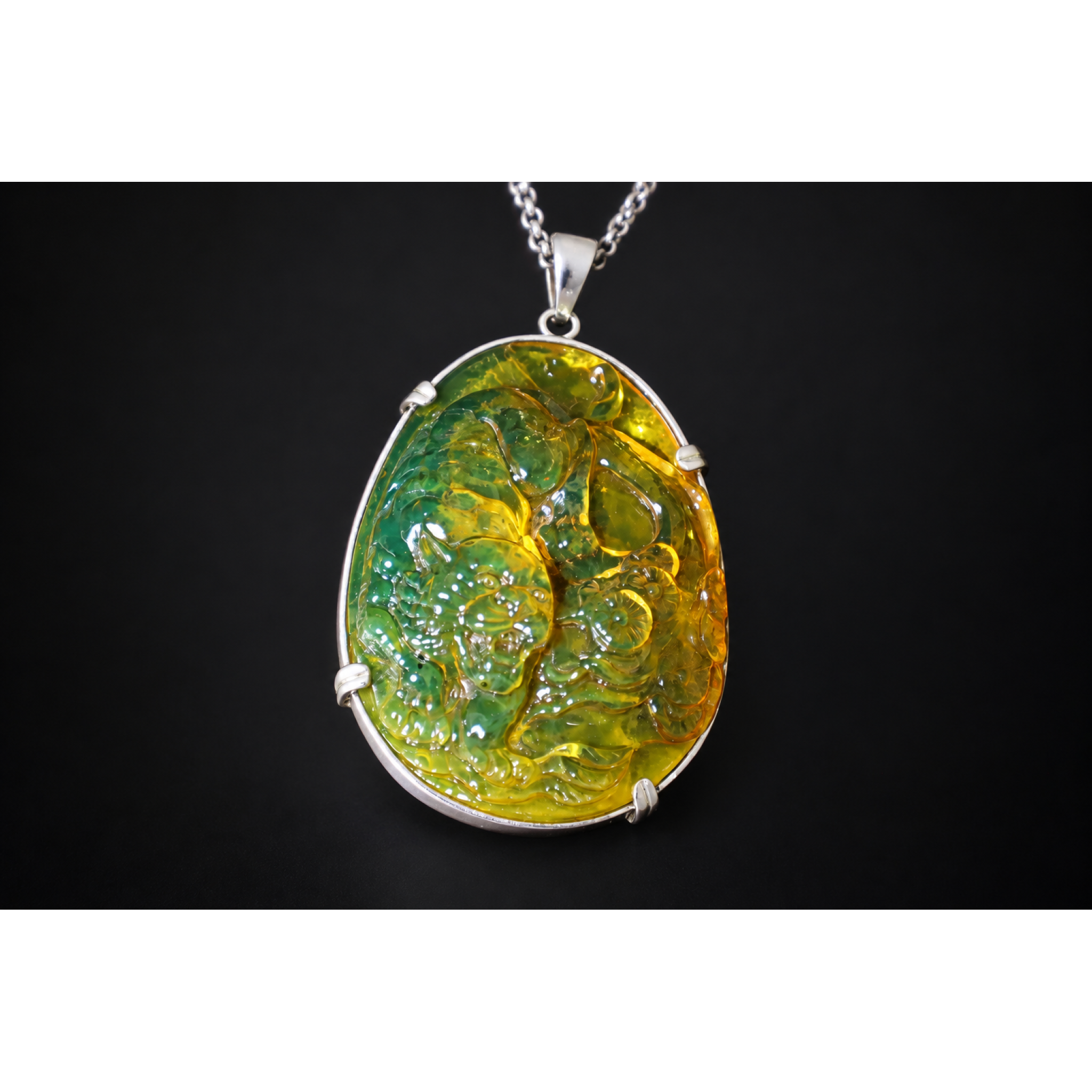 Hand Carved Tiger Dominican Green Amber Sterling Silver Pendant 64mm – photo 9