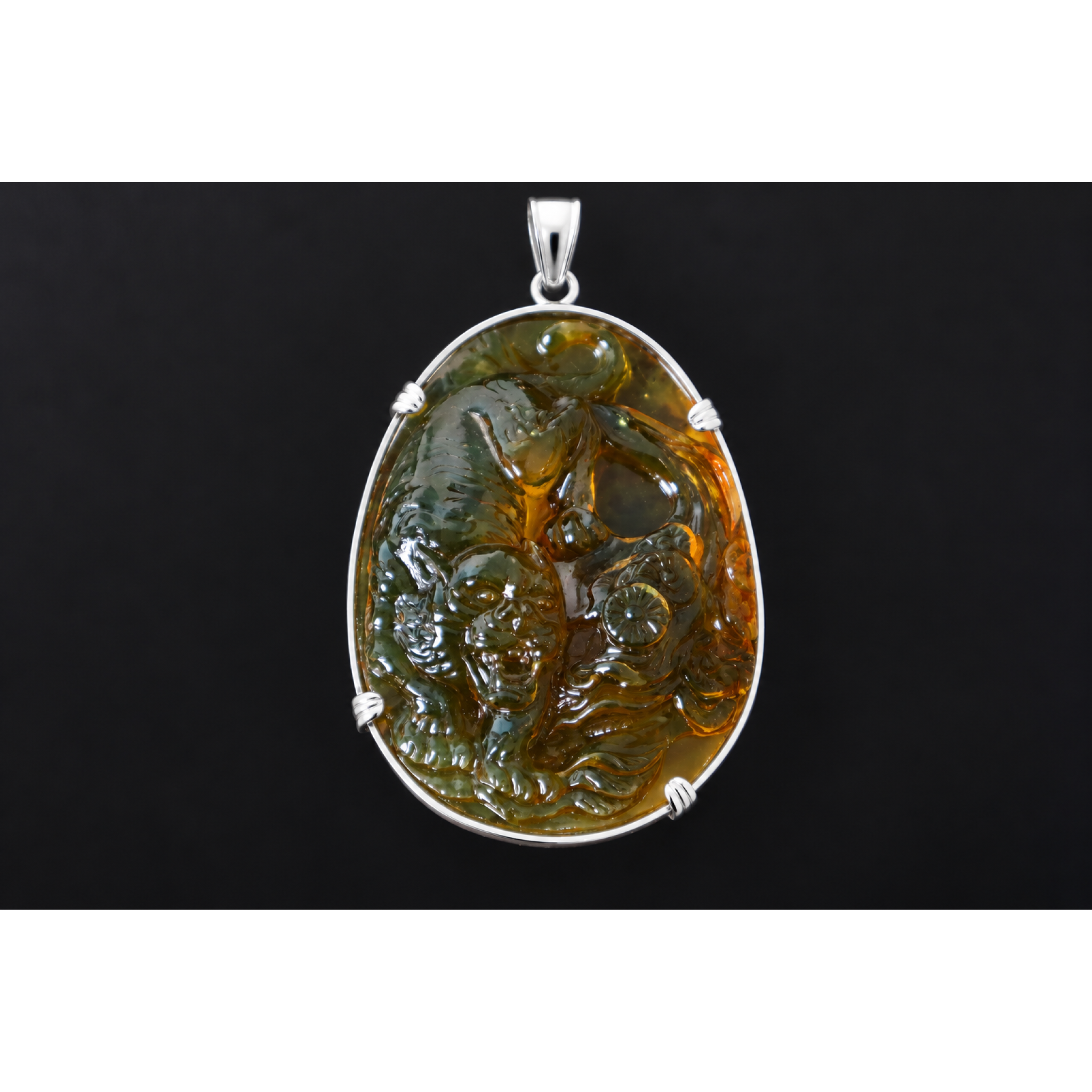 Hand Carved Tiger Dominican Green Amber Sterling Silver Pendant 64mm – photo 10