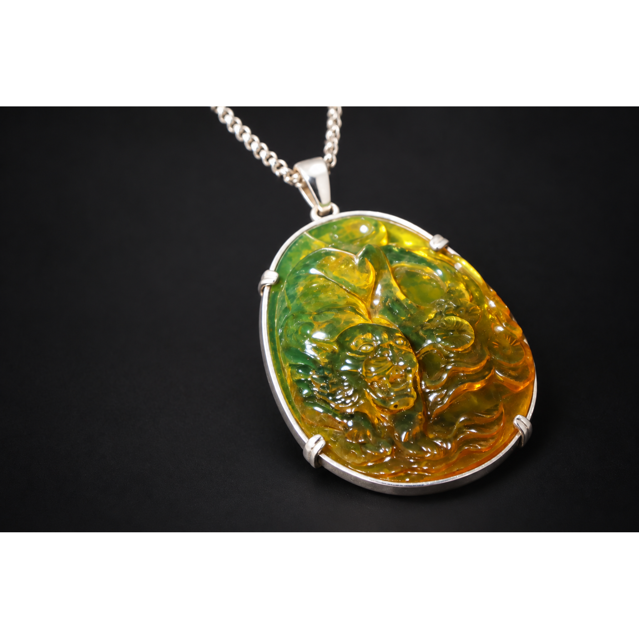 Hand Carved Tiger Dominican Green Amber Sterling Silver Pendant 64mm – photo 12