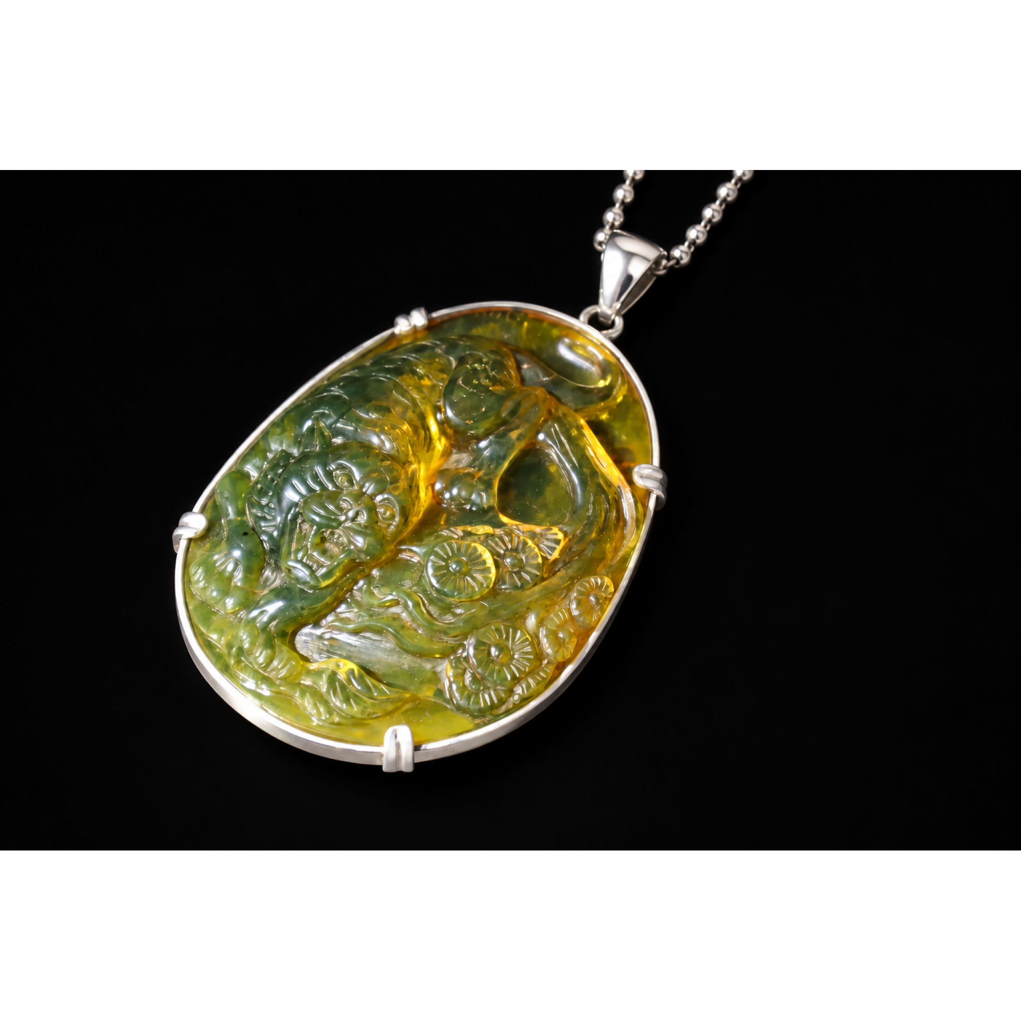 Hand Carved Tiger Dominican Green Amber Sterling Silver Pendant 64mm – photo 15